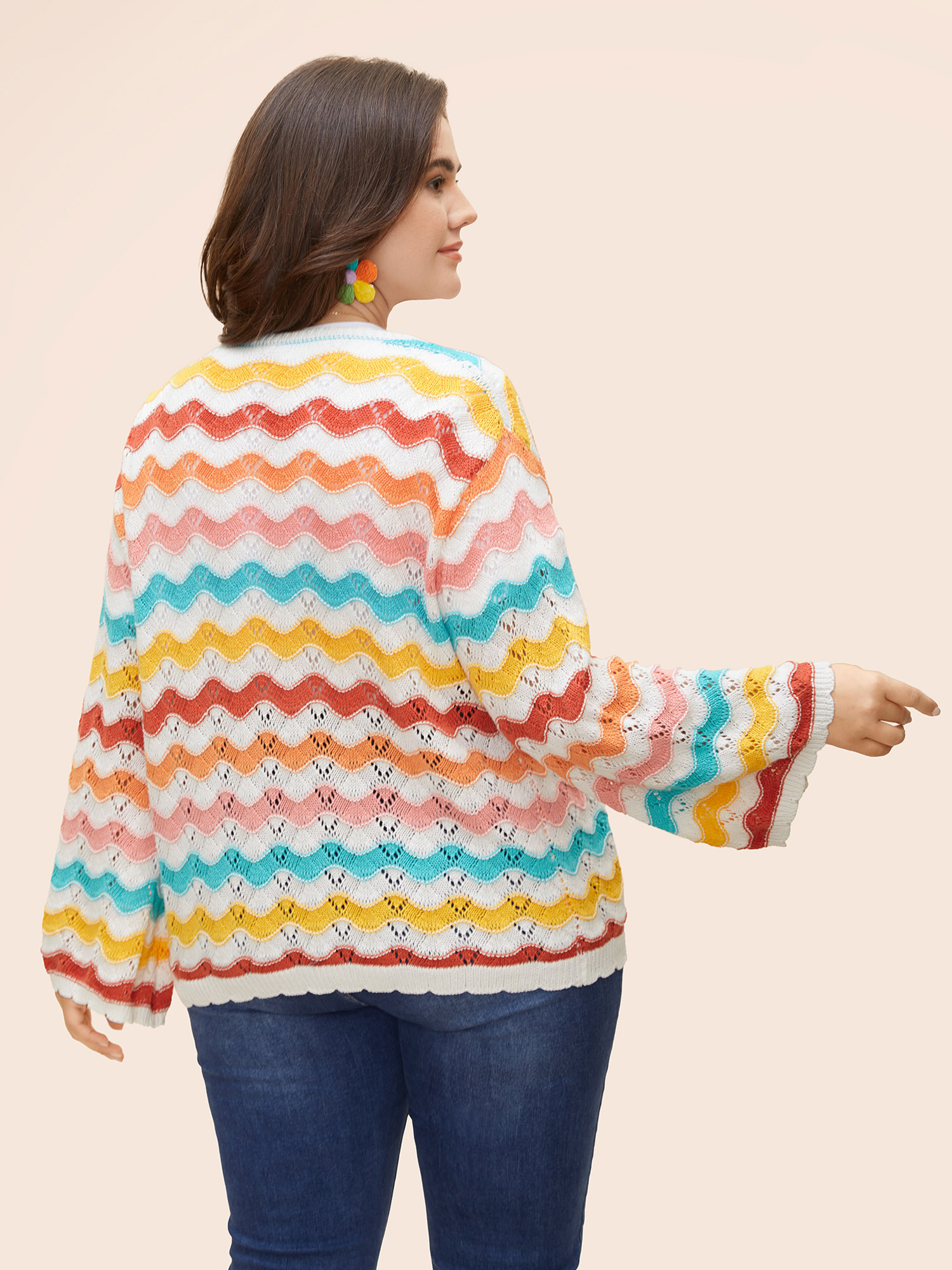 Plus Size Cotton Rainbow Perforated Front Tie Cardigan Multicolor Women Casual Loose Long Sleeve Everyday Cardigans BloomChic 14-16/1X 