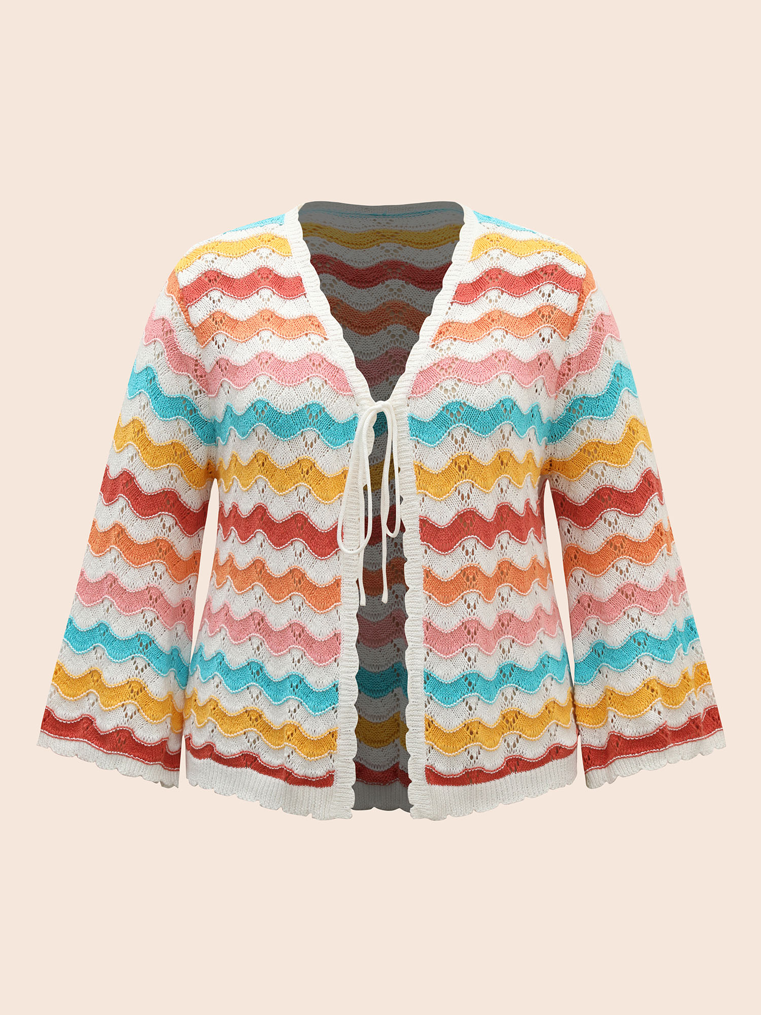 

Plus Size Cotton Rainbow Perforated Front Tie Cardigan Multicolor Women Casual Loose Long Sleeve Everyday Cardigans BloomChic