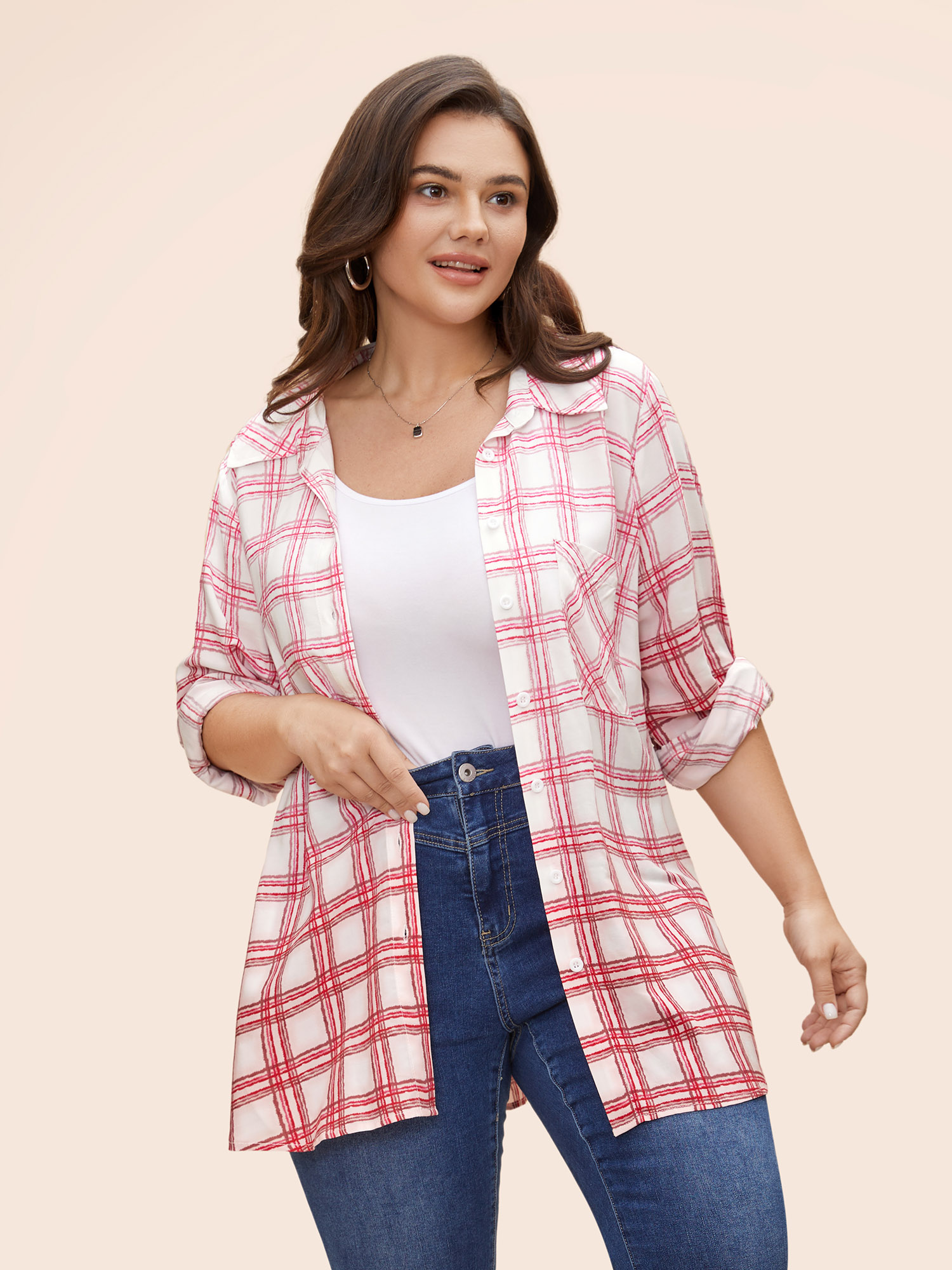 

Plus Size Multicolor Plaid Pleated Button Down Blouse Women Casual Extra Long Sleeve Shirt collar Everyday Blouses BloomChic