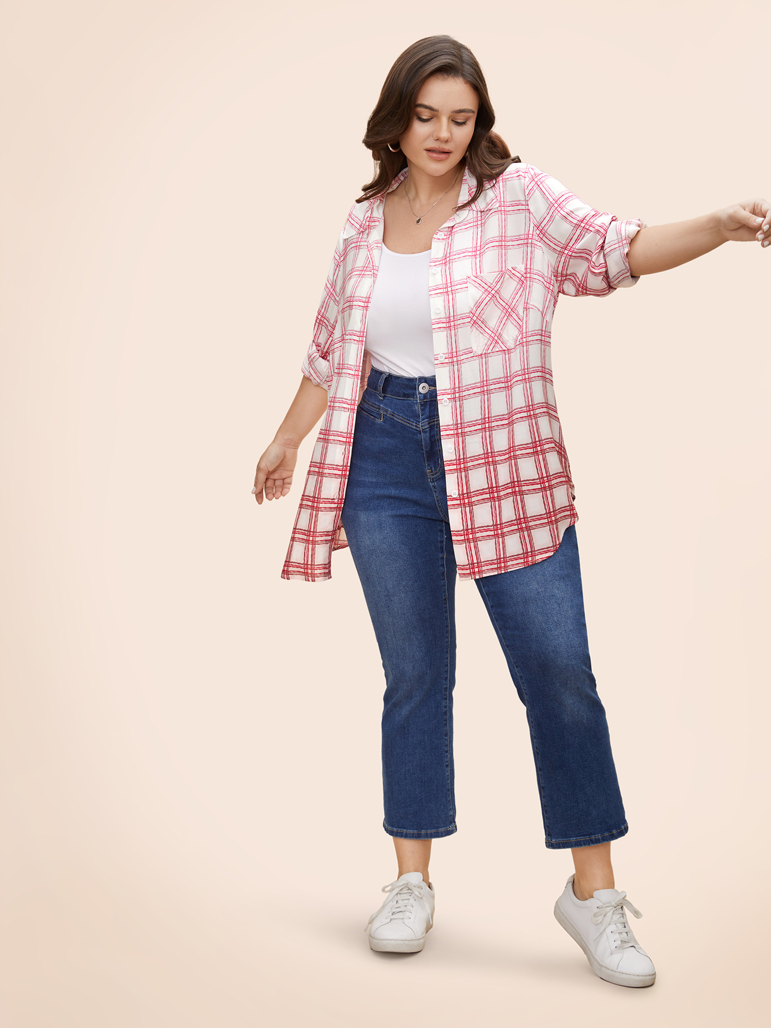 Plus Size Multicolor Plaid Pleated Button Down Blouse Women Casual Extra Long Sleeve Shirt collar Everyday Blouses BloomChic 10/M 