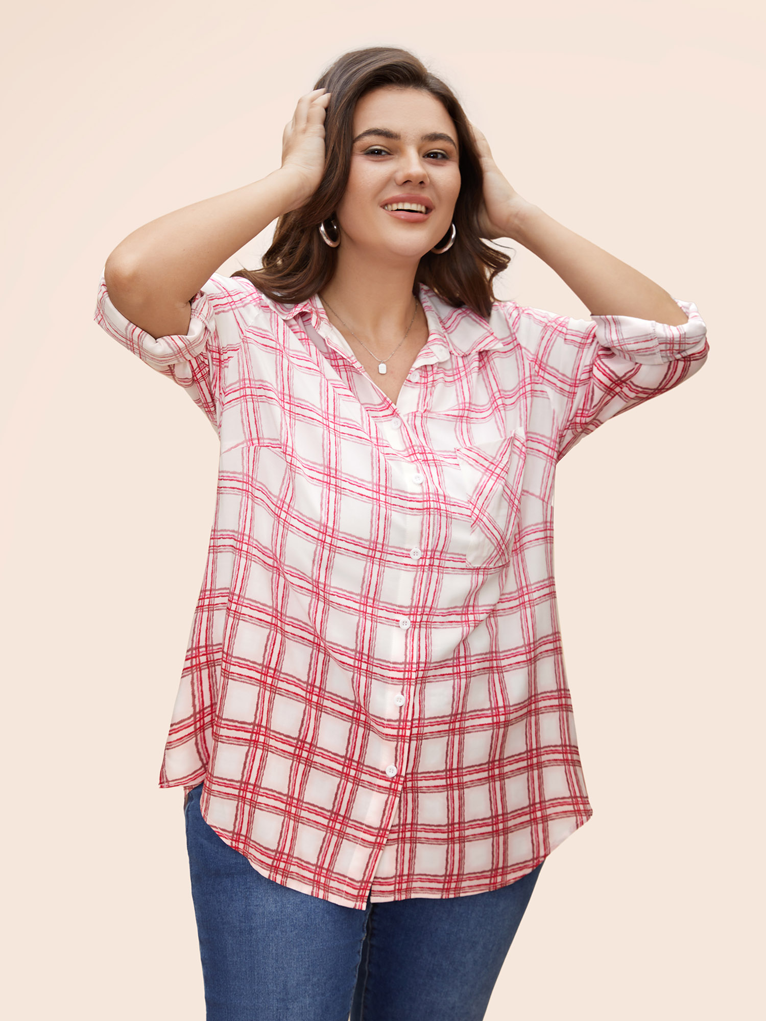 Plus Size Multicolor Plaid Pleated Button Down Blouse Women Casual Extra Long Sleeve Shirt collar Everyday Blouses BloomChic 10/M 