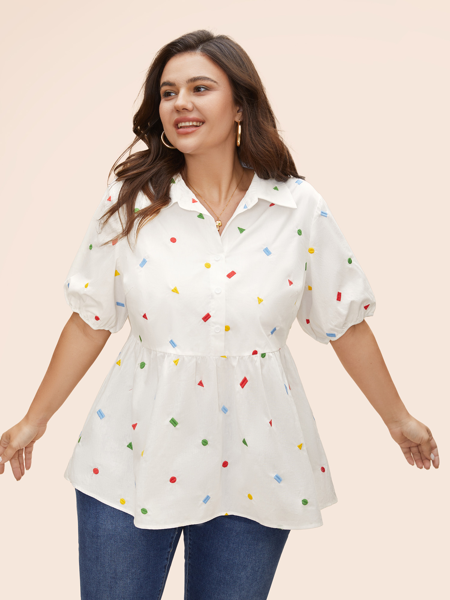 

Plus Size Multicolor Cotton Geometric Embroidry Tunic Blouse Women Casual Short sleeve Shirt collar Everyday Blouses BloomChic