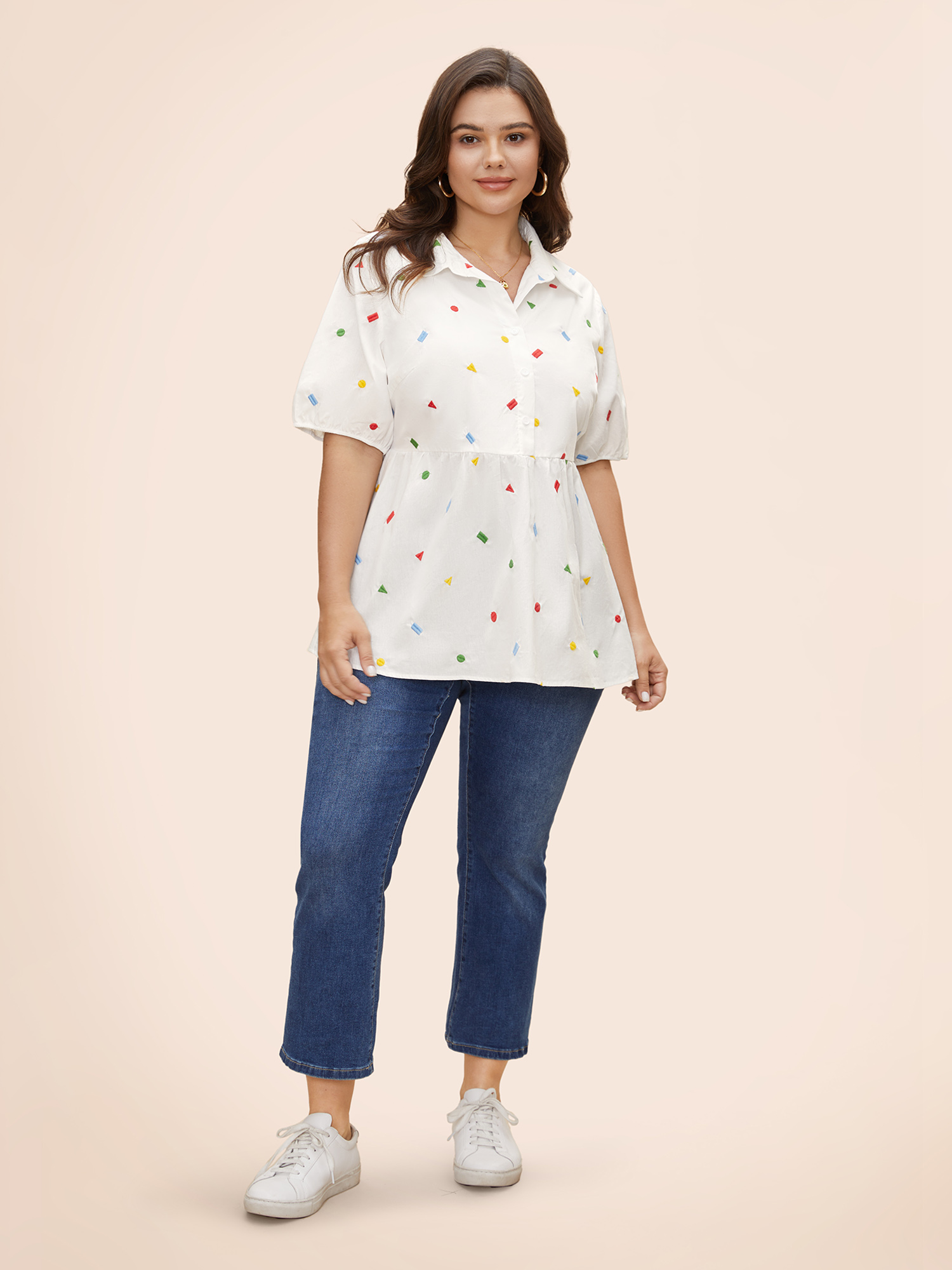 Plus Size Multicolor Cotton Geometric Embroidery Tunic Blouse Women Casual Short sleeve Shirt collar Everyday Blouses BloomChic 14-16/1X 