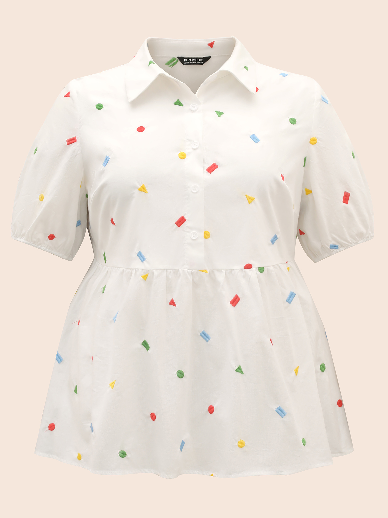 Plus Size Multicolor Cotton Geometric Embroidery Tunic Blouse Women Casual Short sleeve Shirt collar Everyday Blouses BloomChic 14-16/1X 