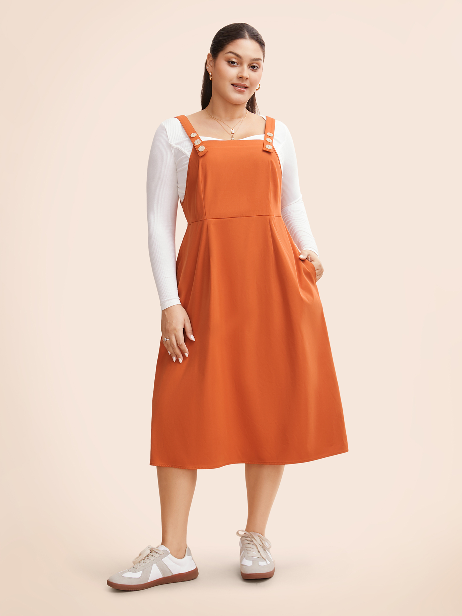 

Plus Size Suspender Skirt Style Midi Dress OrangeRed Women Casual Button Non Sleeveless Curvy BloomChic
