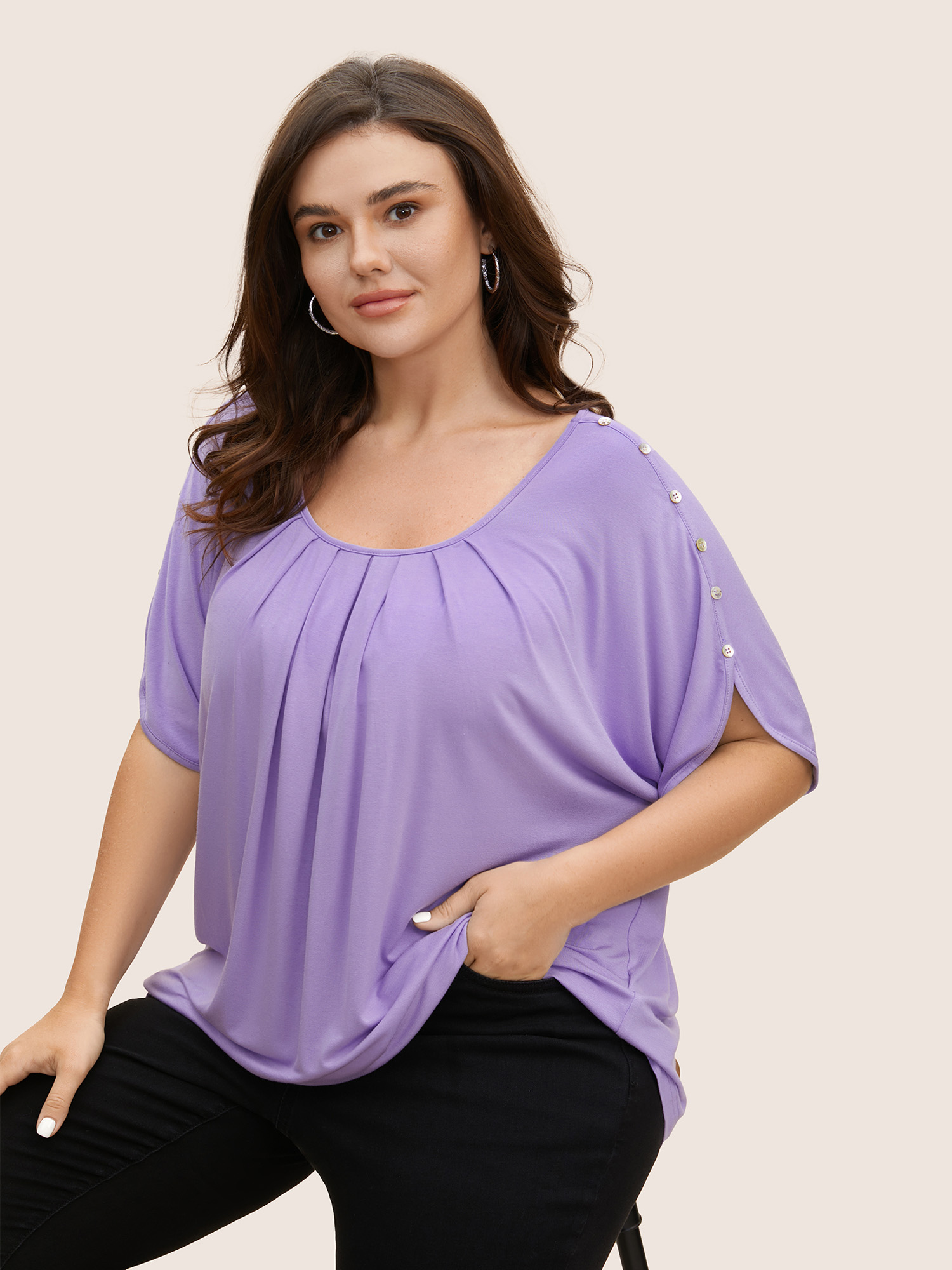 

Plus Size Solid Gathered Button Detail T-shirt Lavender Women Casual Pleated Round Neck Everyday T-shirts BloomChic