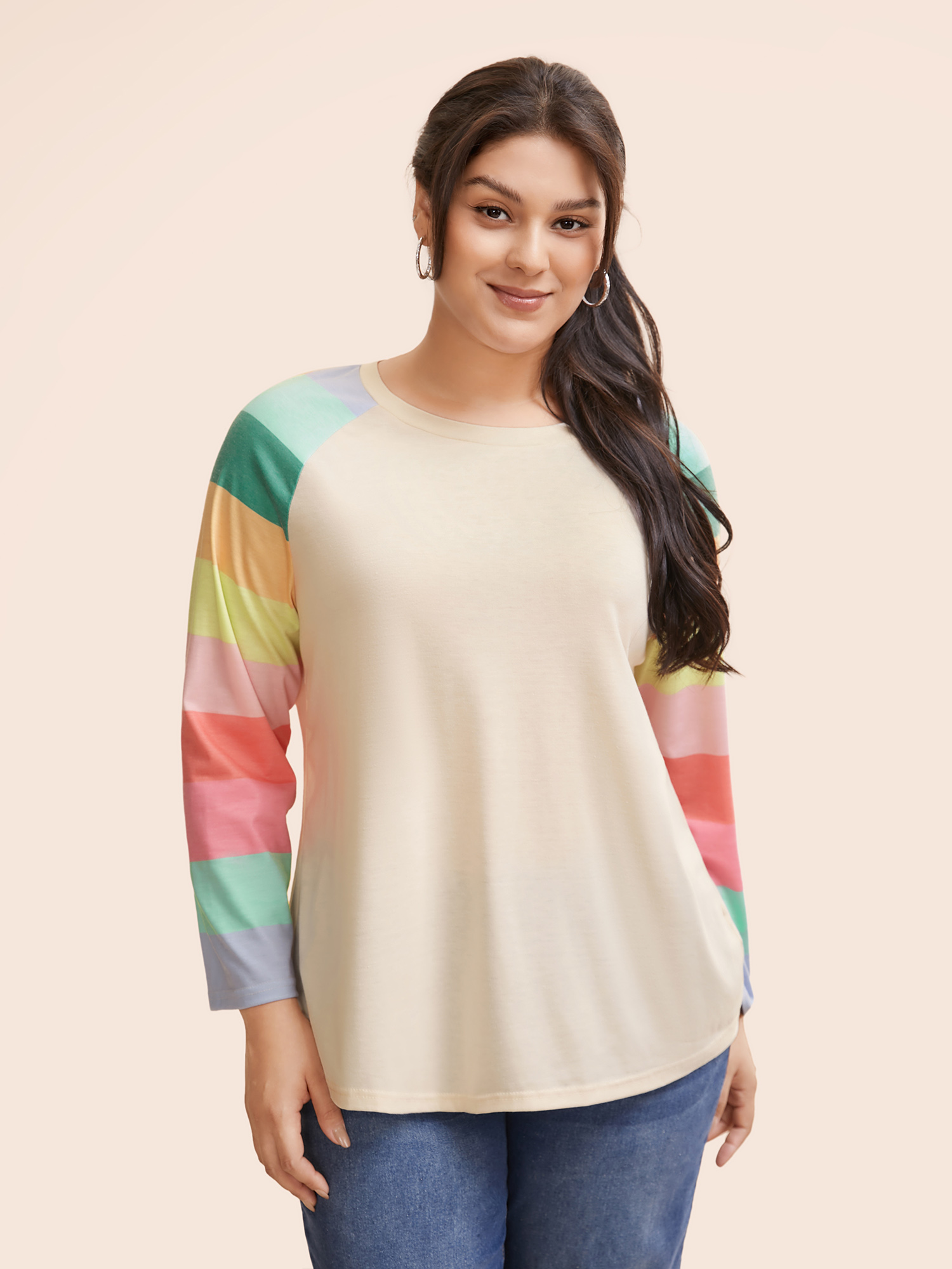 

Plus Size Multi-color Striped Sleeves Loose Fit T-shirt Beige Women Casual Contrast Round Neck Everyday T-shirts BloomChic