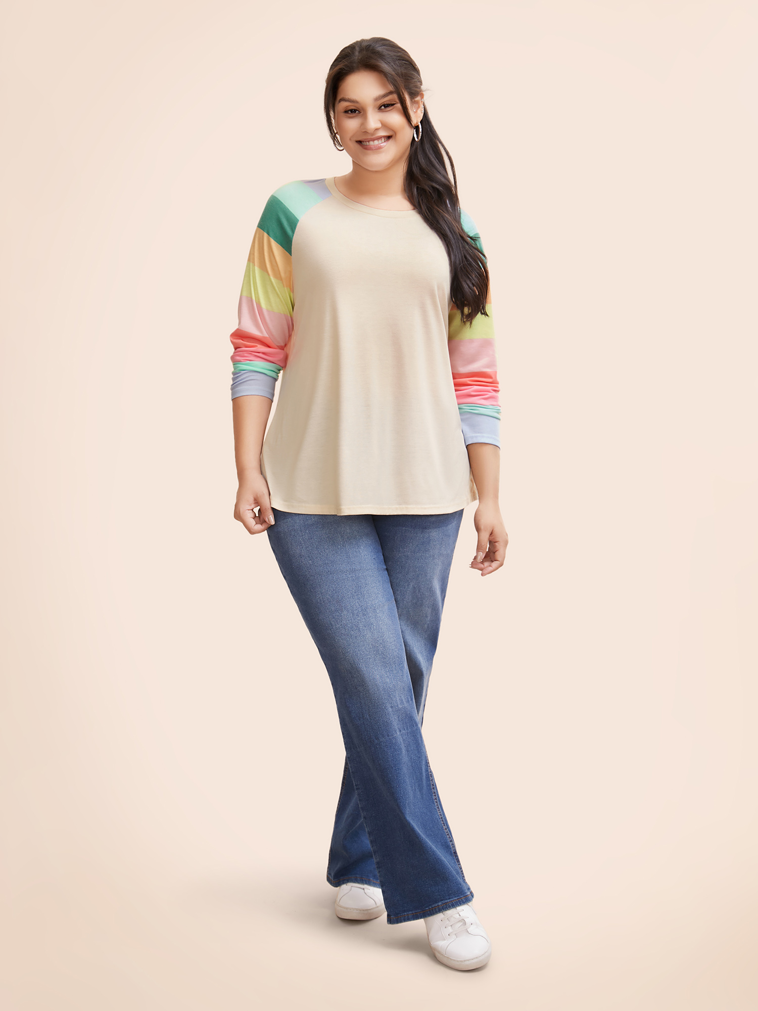 Plus Size Multi-color Striped Sleeves Loose Fit T-shirt Beige Women Casual Contrast Round Neck Everyday T-shirts BloomChic 28/5X 