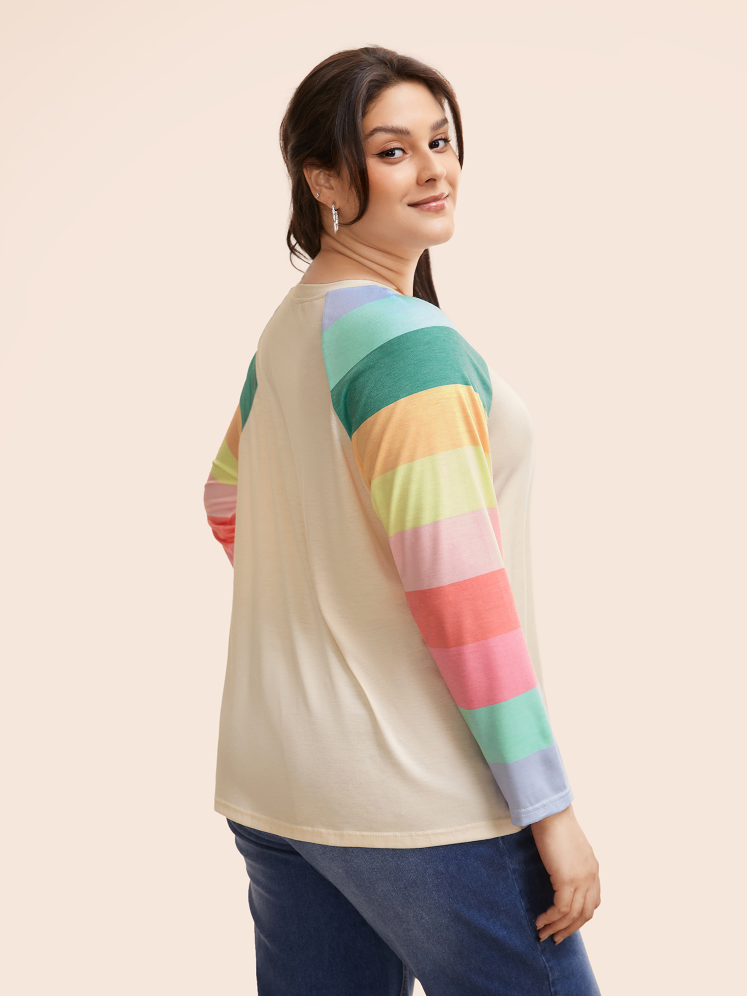 Plus Size Multi-color Striped Sleeves Loose Fit T-shirt Beige Women Casual Contrast Round Neck Everyday T-shirts BloomChic 28/5X 
