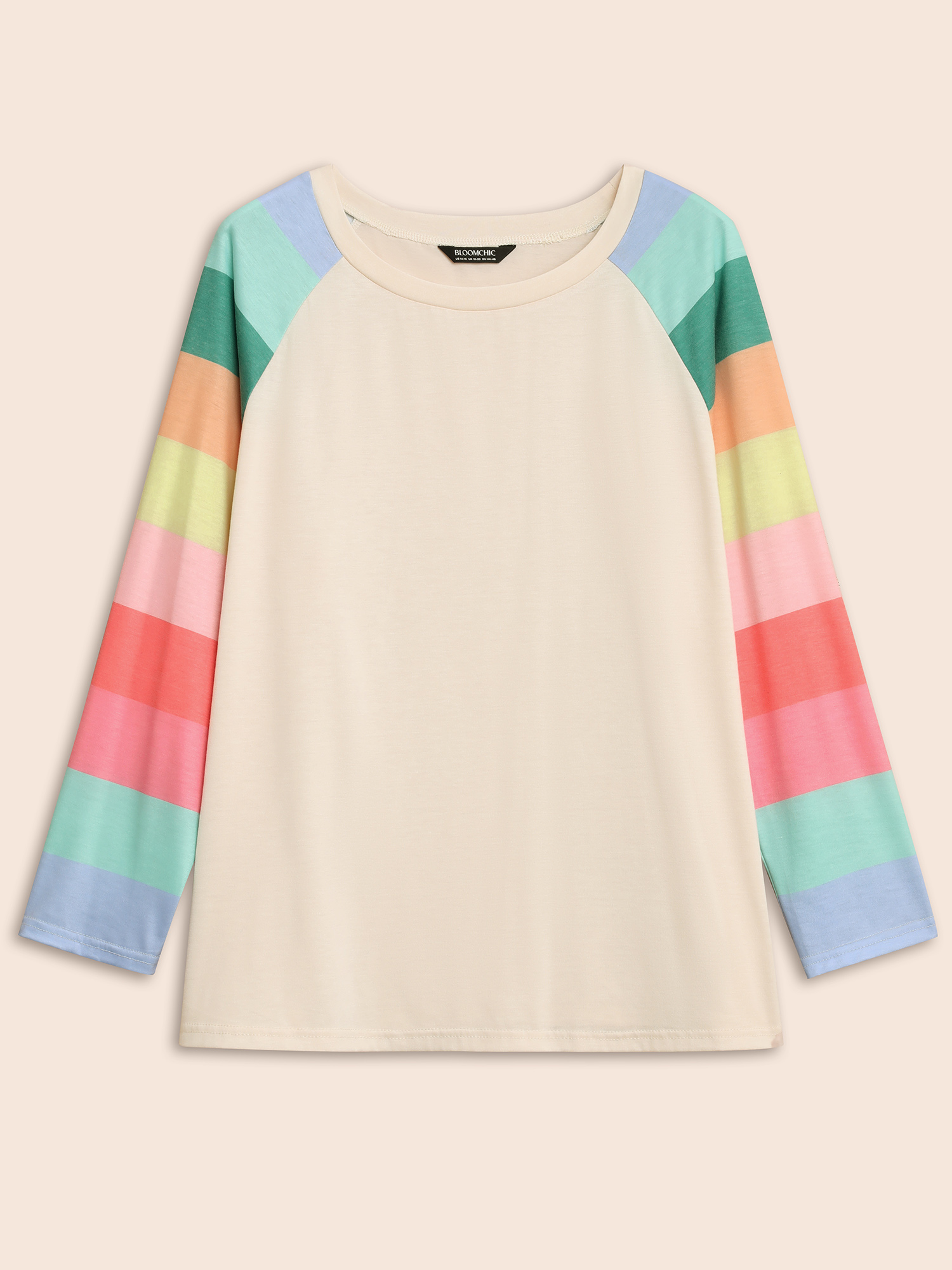 Plus Size Multi-color Striped Sleeves Loose Fit T-shirt Beige Women Casual Contrast Round Neck Everyday T-shirts BloomChic 28/5X 