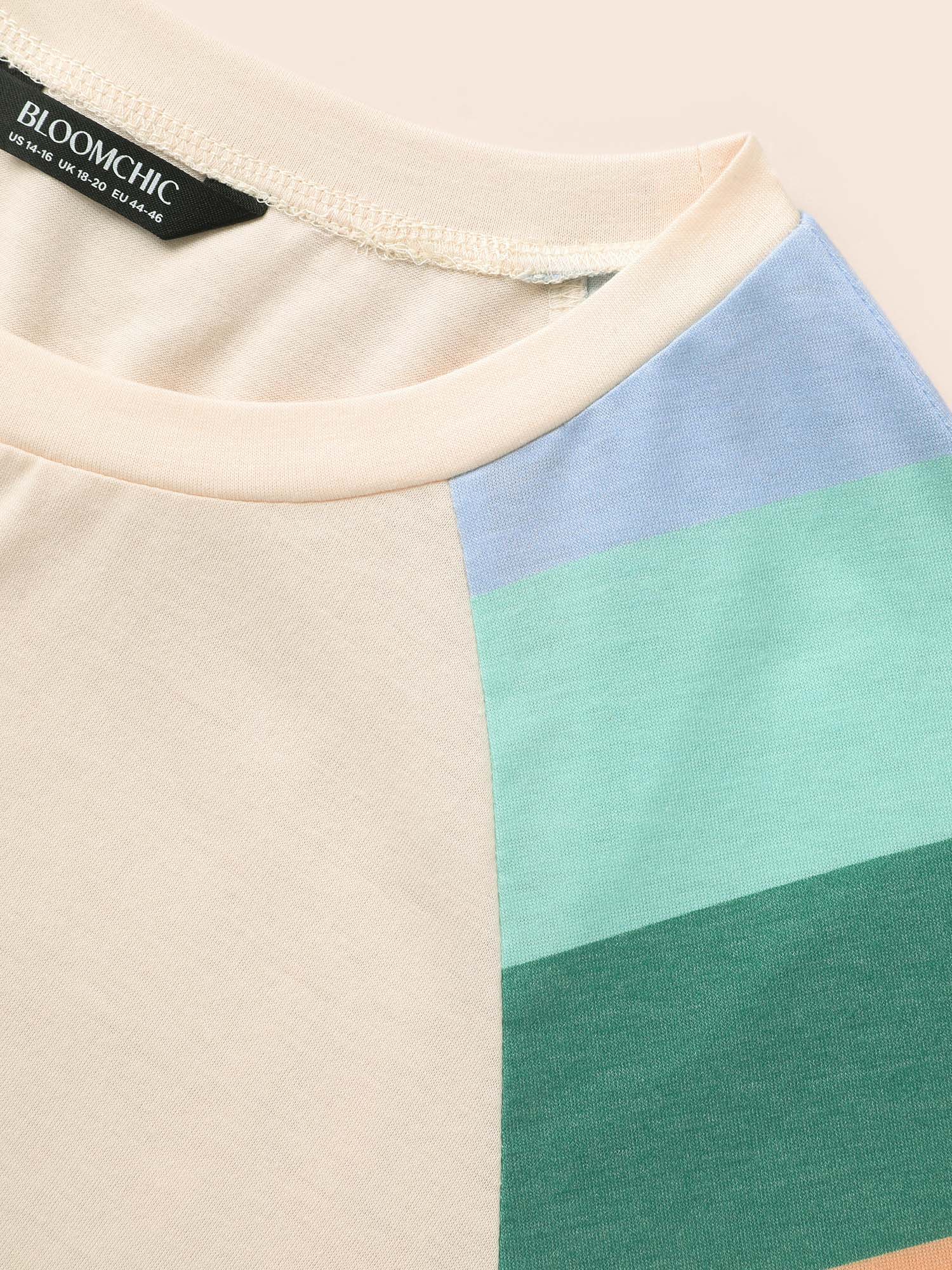 

Plus Size Multi-color Striped Sleeves Loose Fit T-shirt Beige Women Casual Contrast Round Neck Everyday T-shirts BloomChic