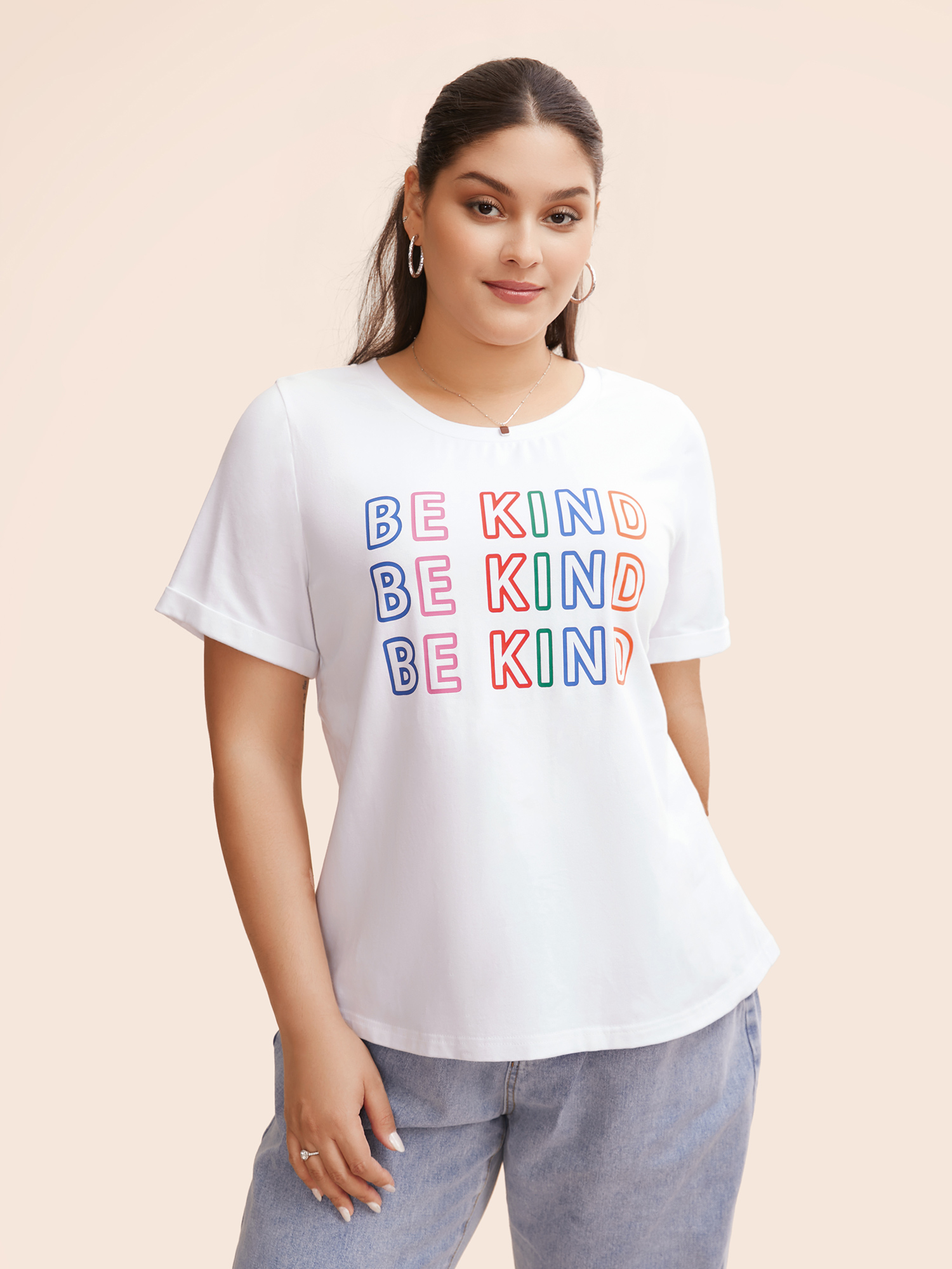 

Plus Size Cotton Be Kind Half Sleeves T-shirt Originalwhite Women Casual Roll Hem Positive slogan Round Neck Everyday T-shirts BloomChic