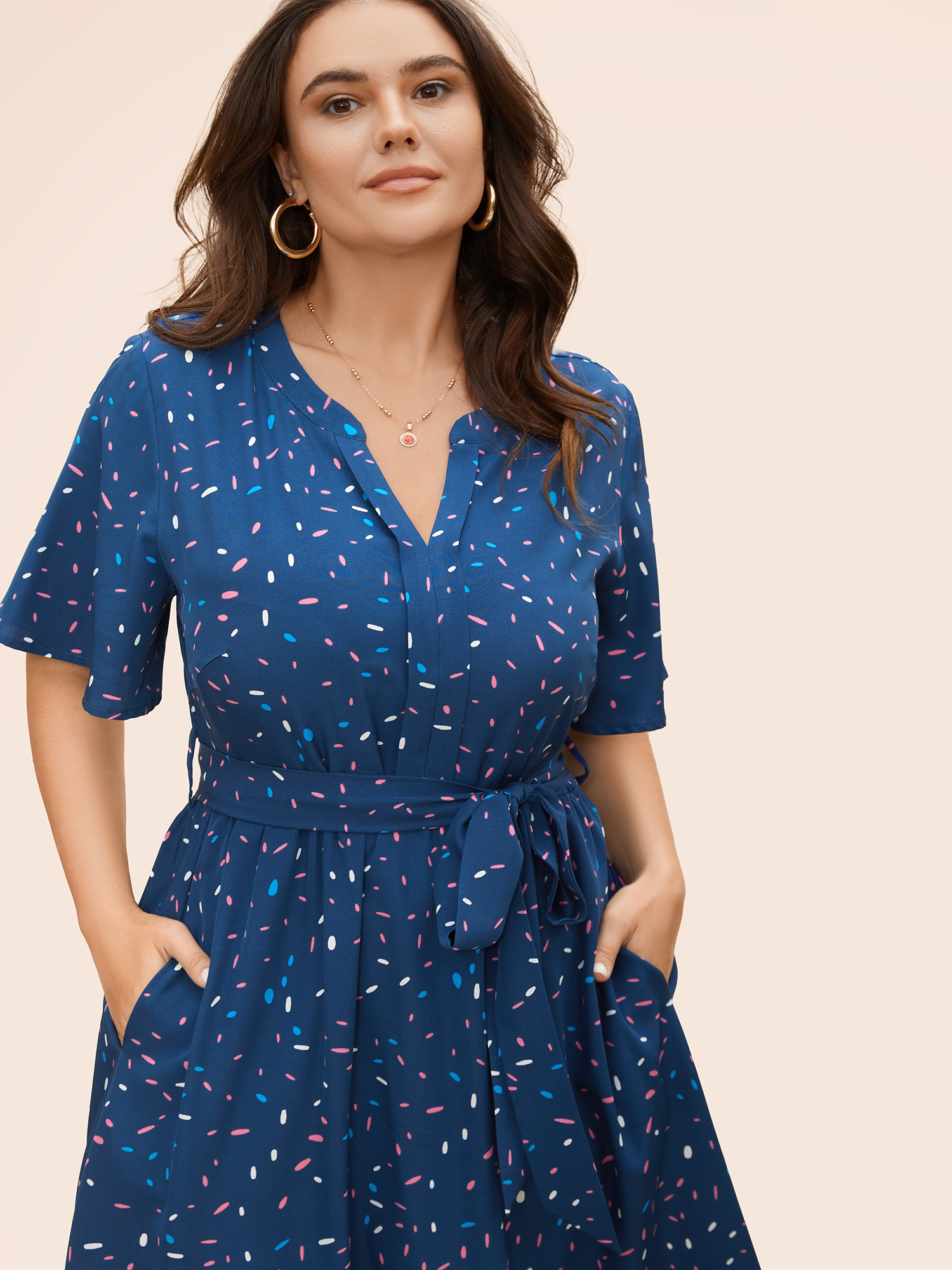 

Plus Size Split Neck Confetti Print Midi Dress DarkBlue Women Elegant Belted Notched collar Short sleeve Curvy BloomChic