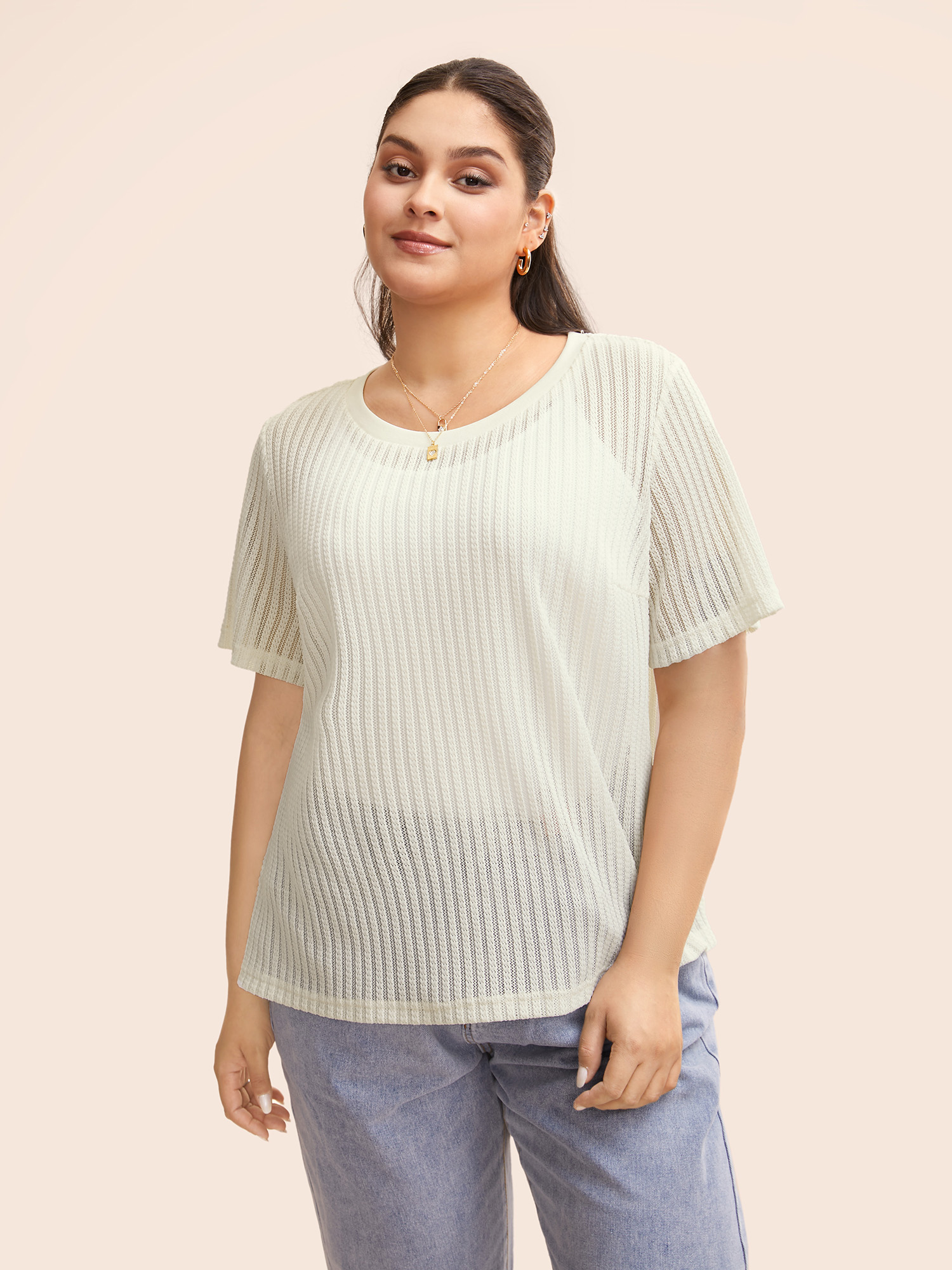 

Plus Size Round Neck Pointelle Knit T-shirt Beige Women Casual Texture Round Neck Everyday T-shirts BloomChic