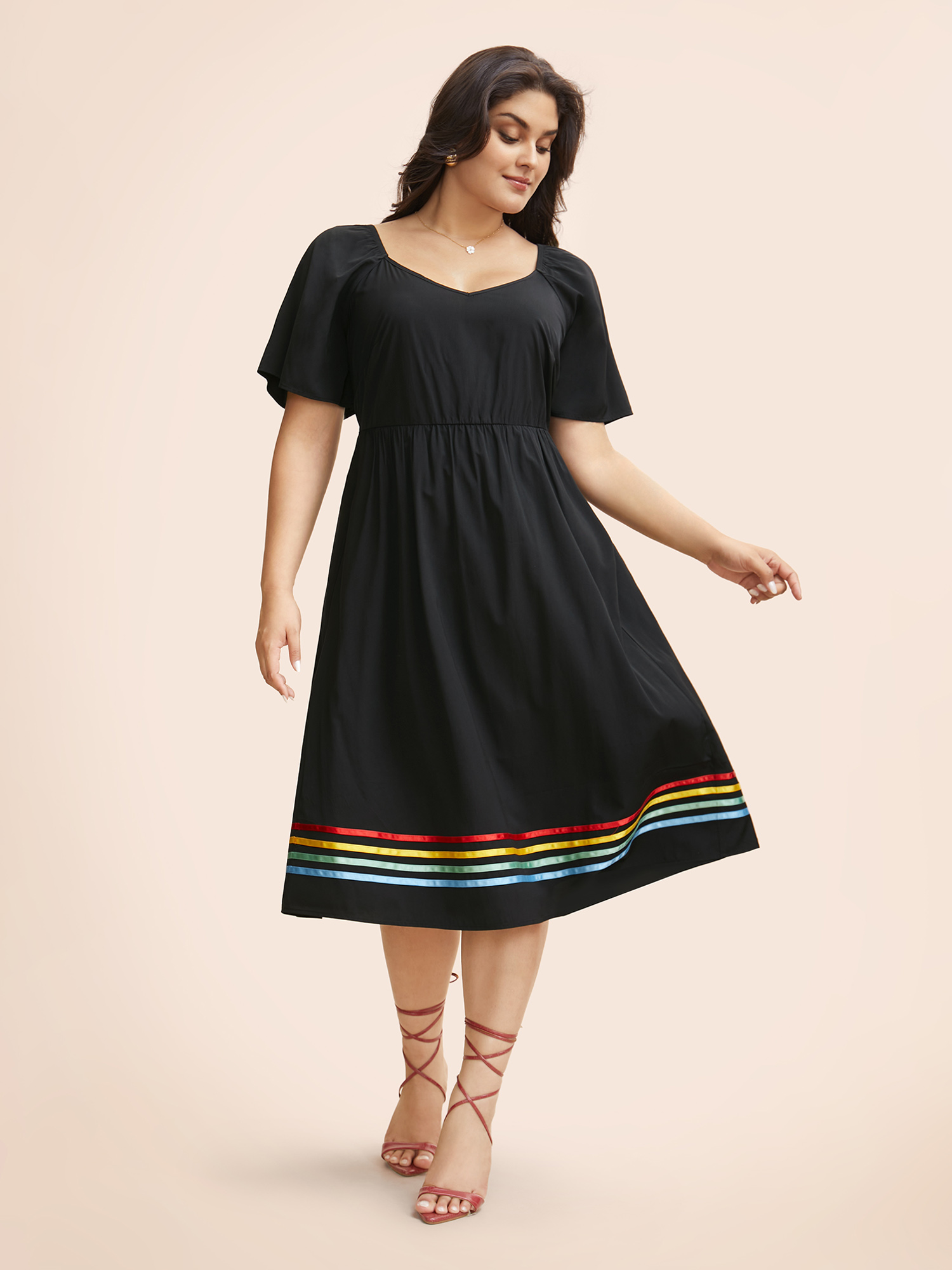 

Plus Size Hemline Ribbon Elastic Waist Midi Dress Black Women Elegant Woven ribbon&lace trim Heart neckline Short sleeve Curvy BloomChic