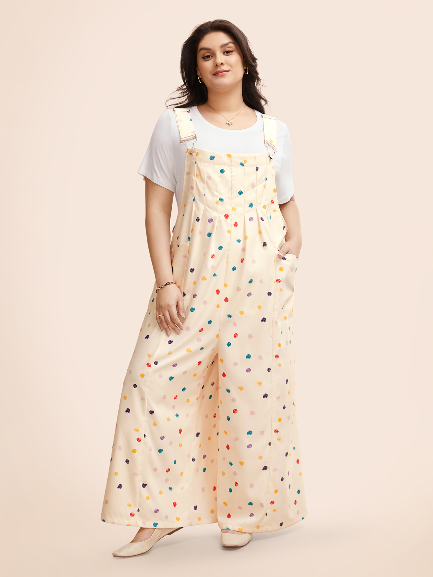 

Plus Size Apricot Painted Polka Dot Adjustable Straps Jumpsuit Women Casual Sleeveless Non Everyday Loose Jumpsuits BloomChic