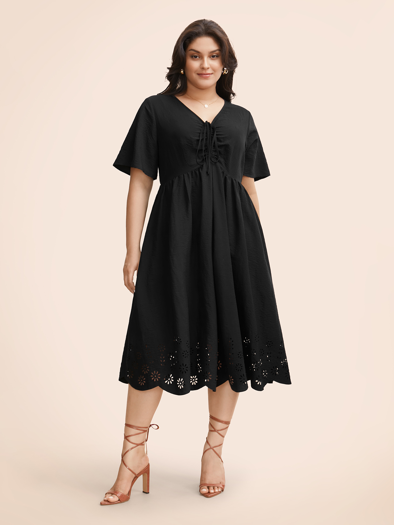 

Plus Size V Neck Drawstring Laser Cut Dress Black Women Elegant Gathered V-neck Short sleeve Curvy BloomChic