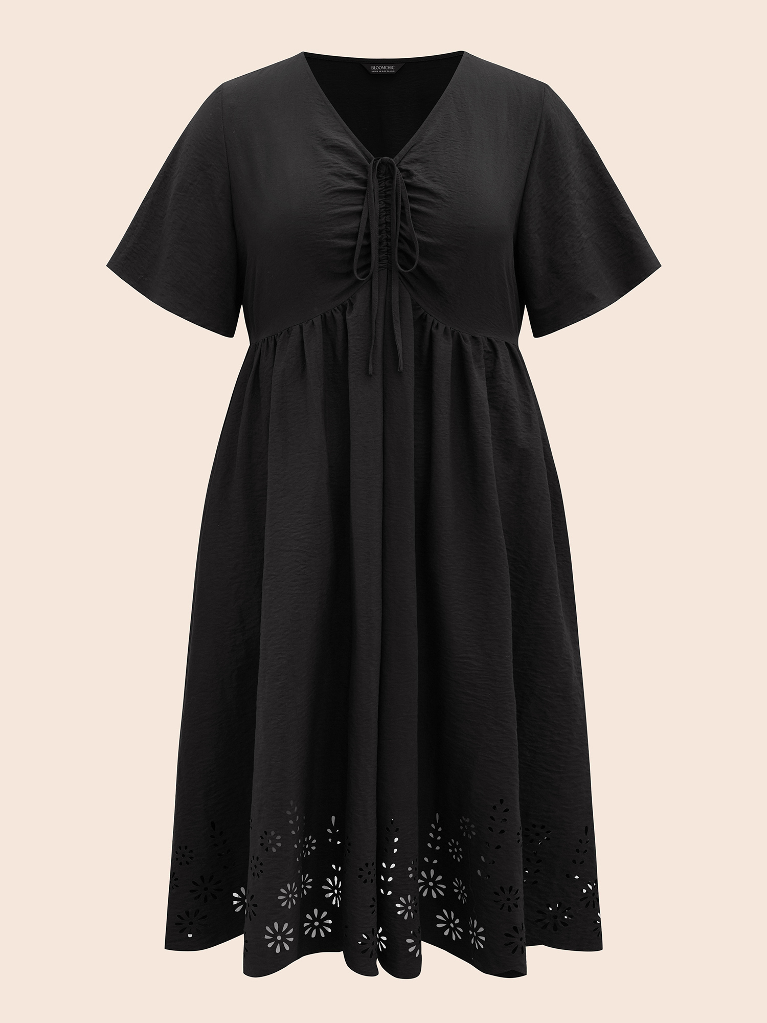 

Plus Size V Neck Drawstring Laser Cut Dress Black Women Elegant Gathered V-neck Short sleeve Curvy BloomChic