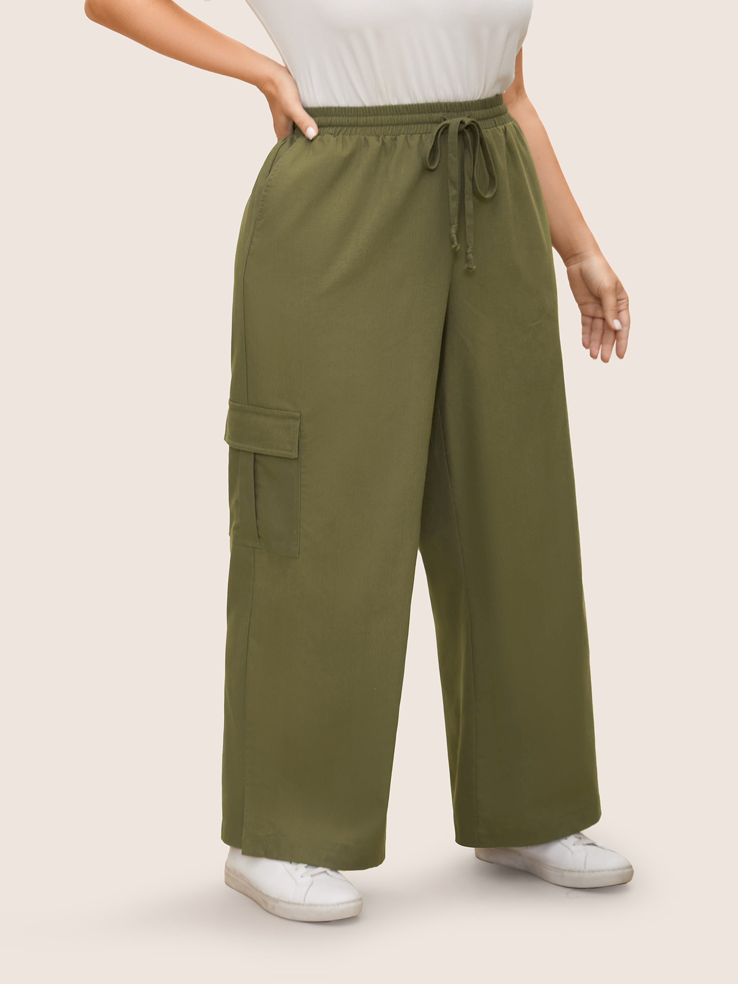 

Plus Size Linen Blend Wide Leg Cargo Pants Women ArmyGreen Casual Wide Leg Mid Rise Everyday Pants BloomChic