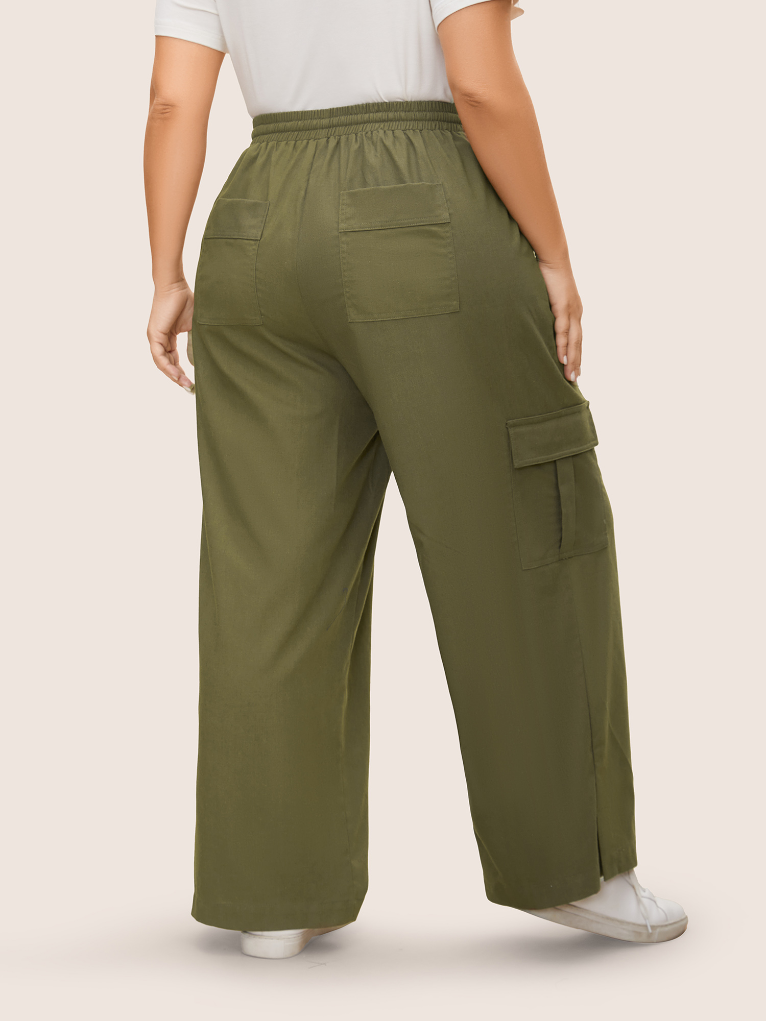 Plus Size Linen Blend Wide Leg Cargo Pants Women ArmyGreen Casual Wide Leg Mid Rise Everyday Pants BloomChic 18-20/2X 