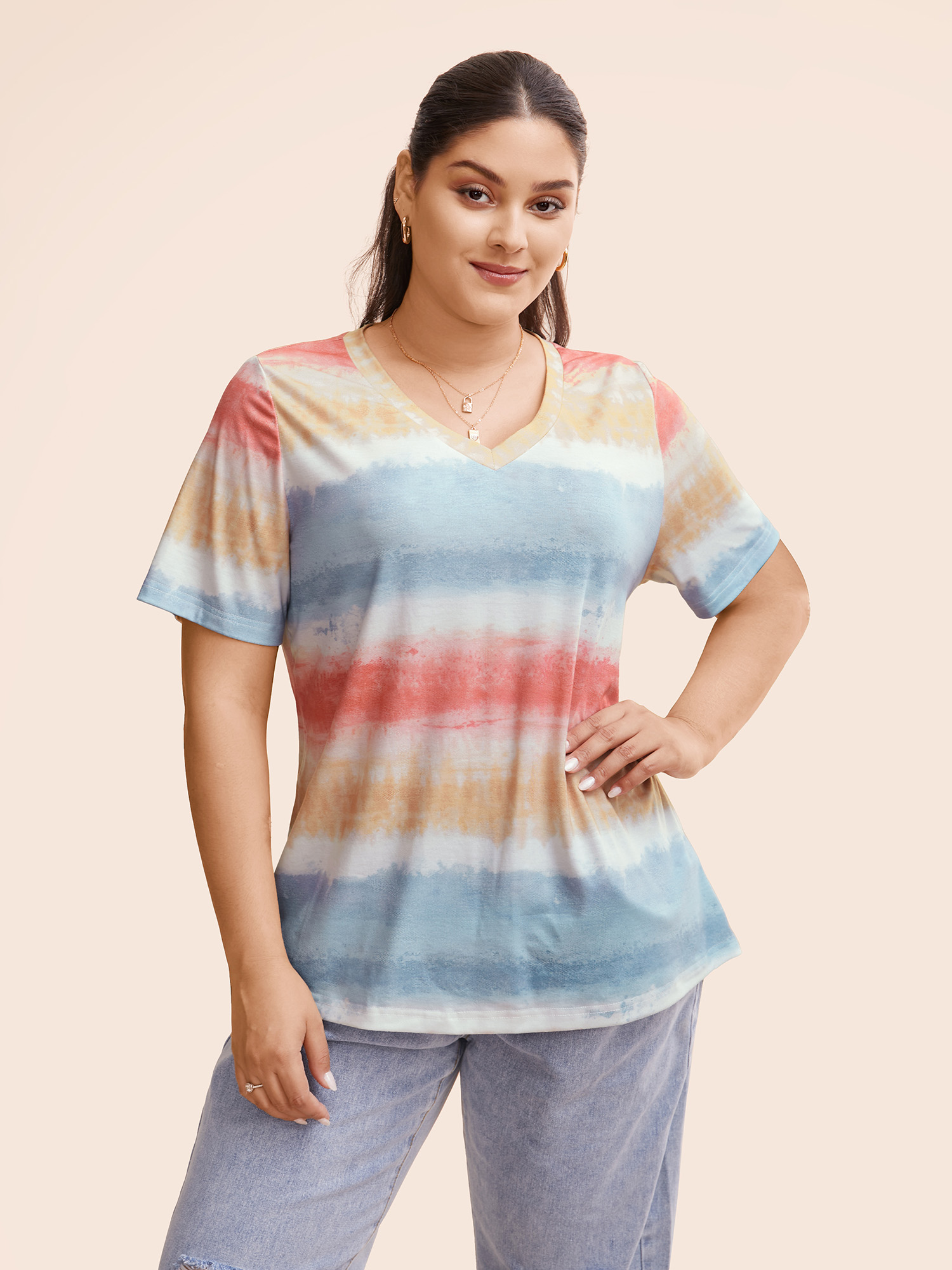 

Plus Size Gradient Color Symmetrical Pattern T-shirt Multicolor Women Casual Non Art&design V-neck Everyday T-shirts BloomChic