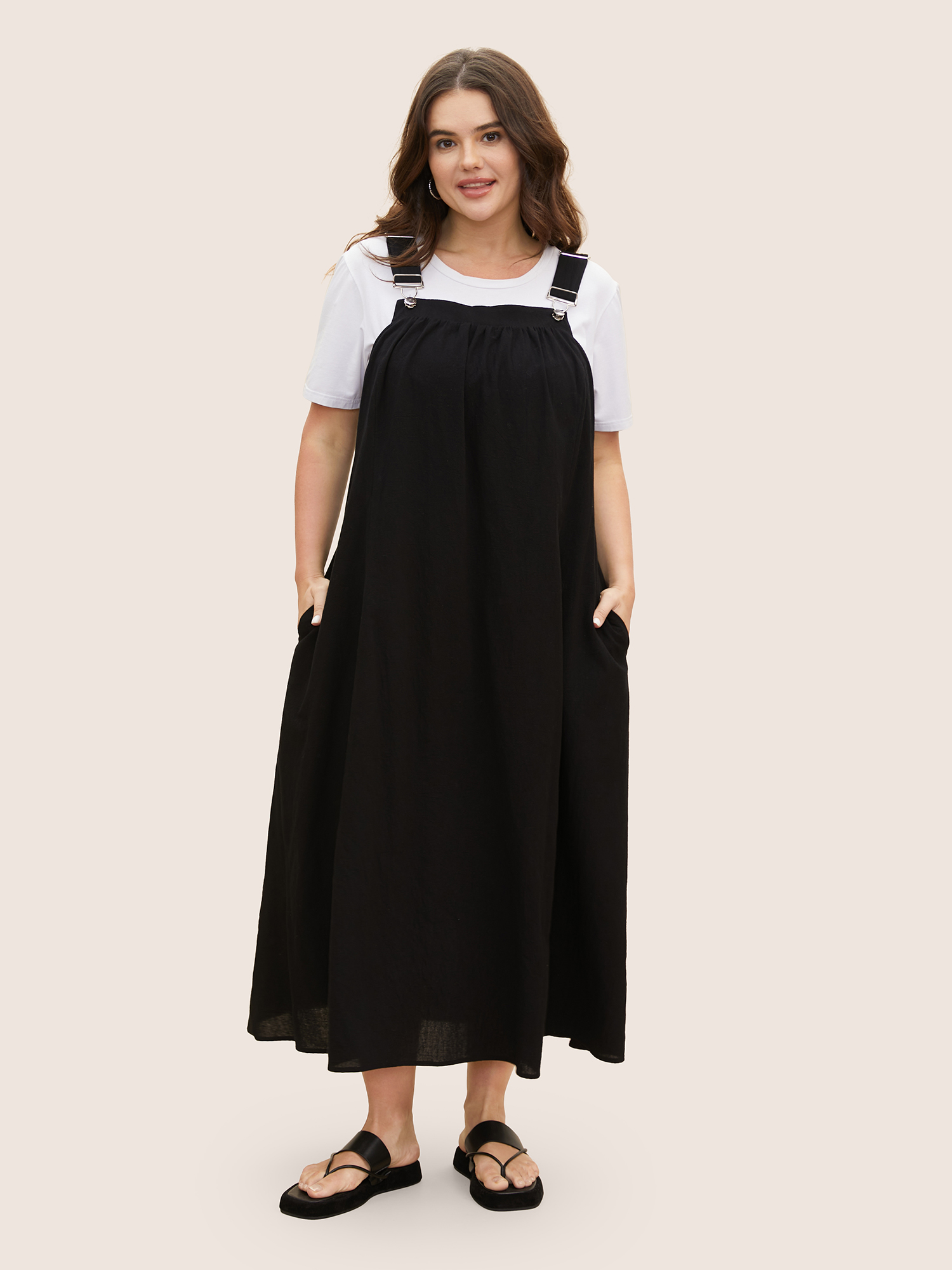Plus Size Cotton Solid Adjustable Straps Pocket Midi Dress Black Women Gathered Non Sleeveless Curvy BloomChic 28/5X 