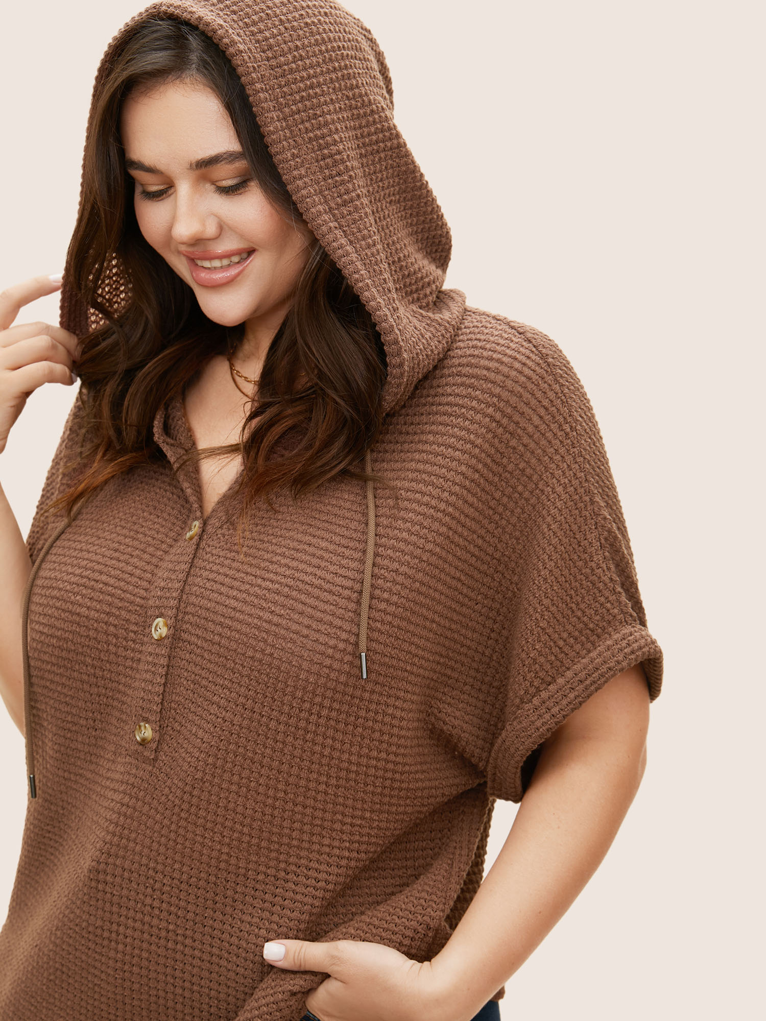 

Plus Size Solid Hooded Drawstring Dolman Sleeve T-shirt DarkBrown Women Casual Texture Hooded Everyday T-shirts BloomChic