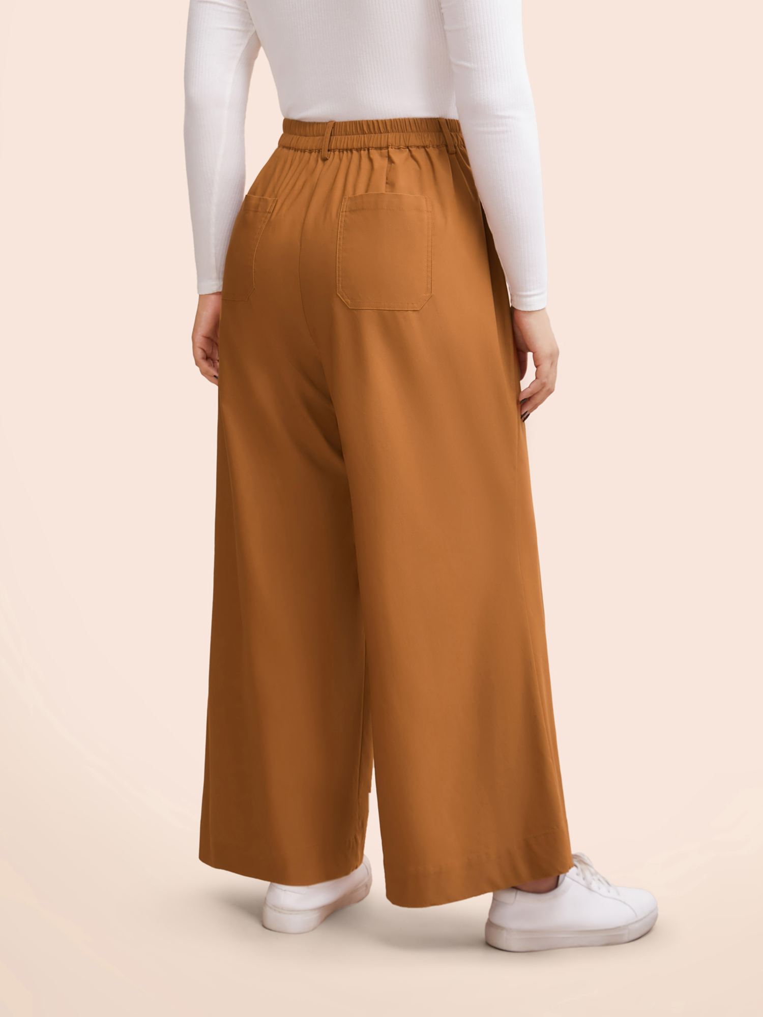 

Plus Size Medium Stretch Wide Leg Elastic Waist Pants Women Yellowishbrown Casual Wide Leg Mid Rise Everyday Pants BloomChic