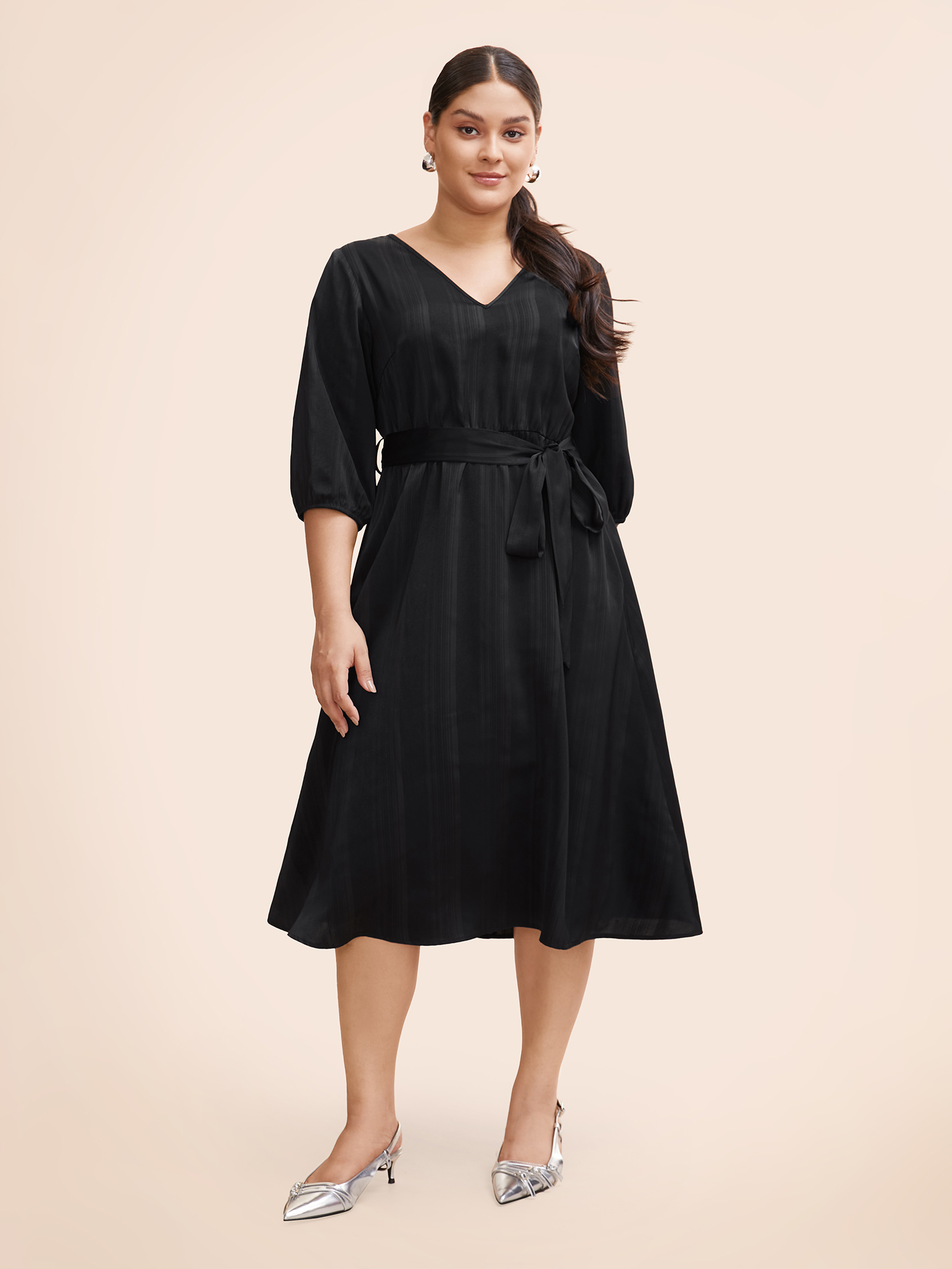 

Plus Size Texture Lantern Sleeve Belted Midi Dress Black Women Workwear Essentials Texture V-neck Elbow-length sleeve Curvy BloomChic