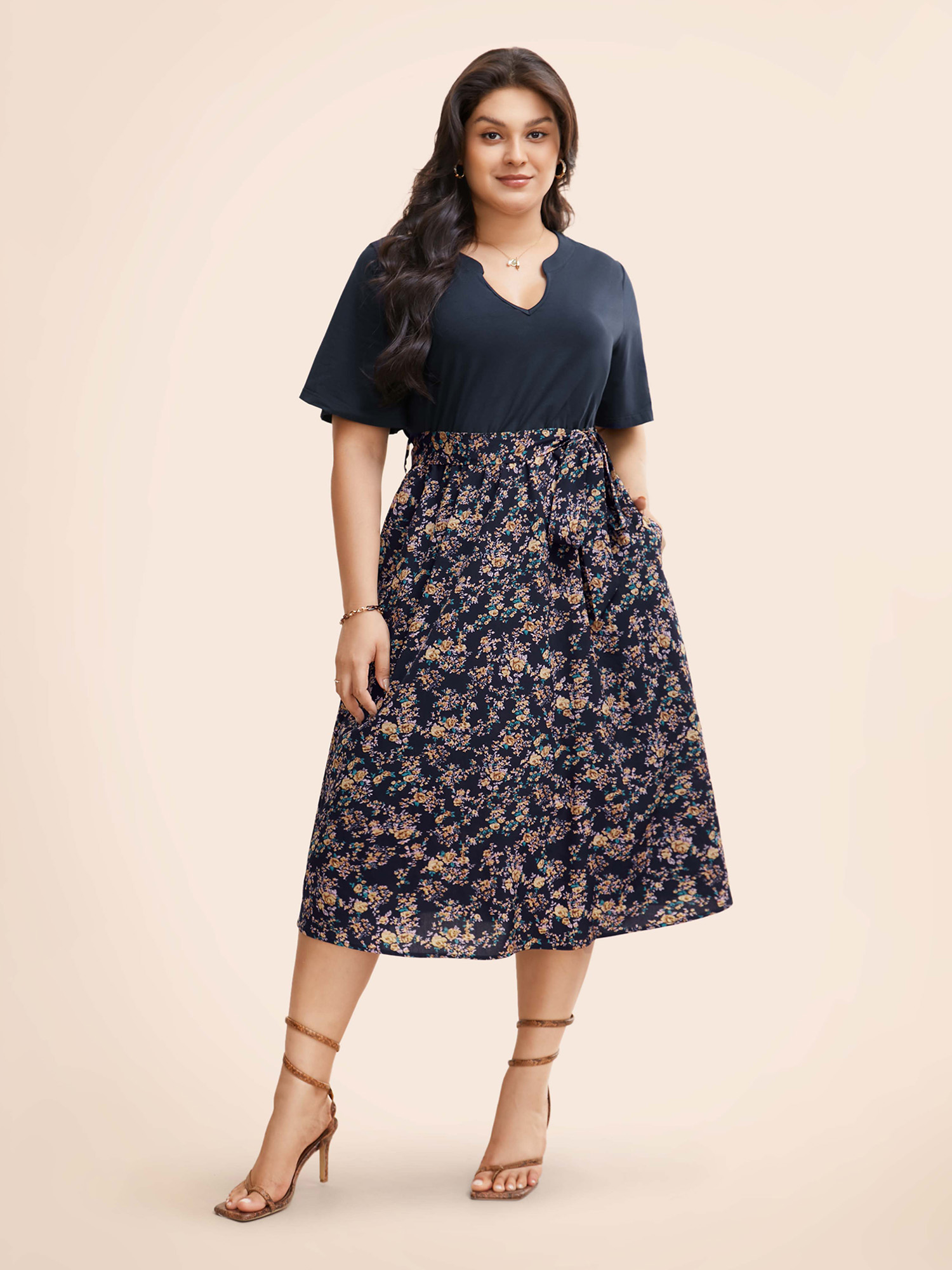 

Plus Size Notched Collar Floral Patchwork Belted Dress DarkBlue Women Elegant Belted Notched collar Short sleeve Curvy BloomChic