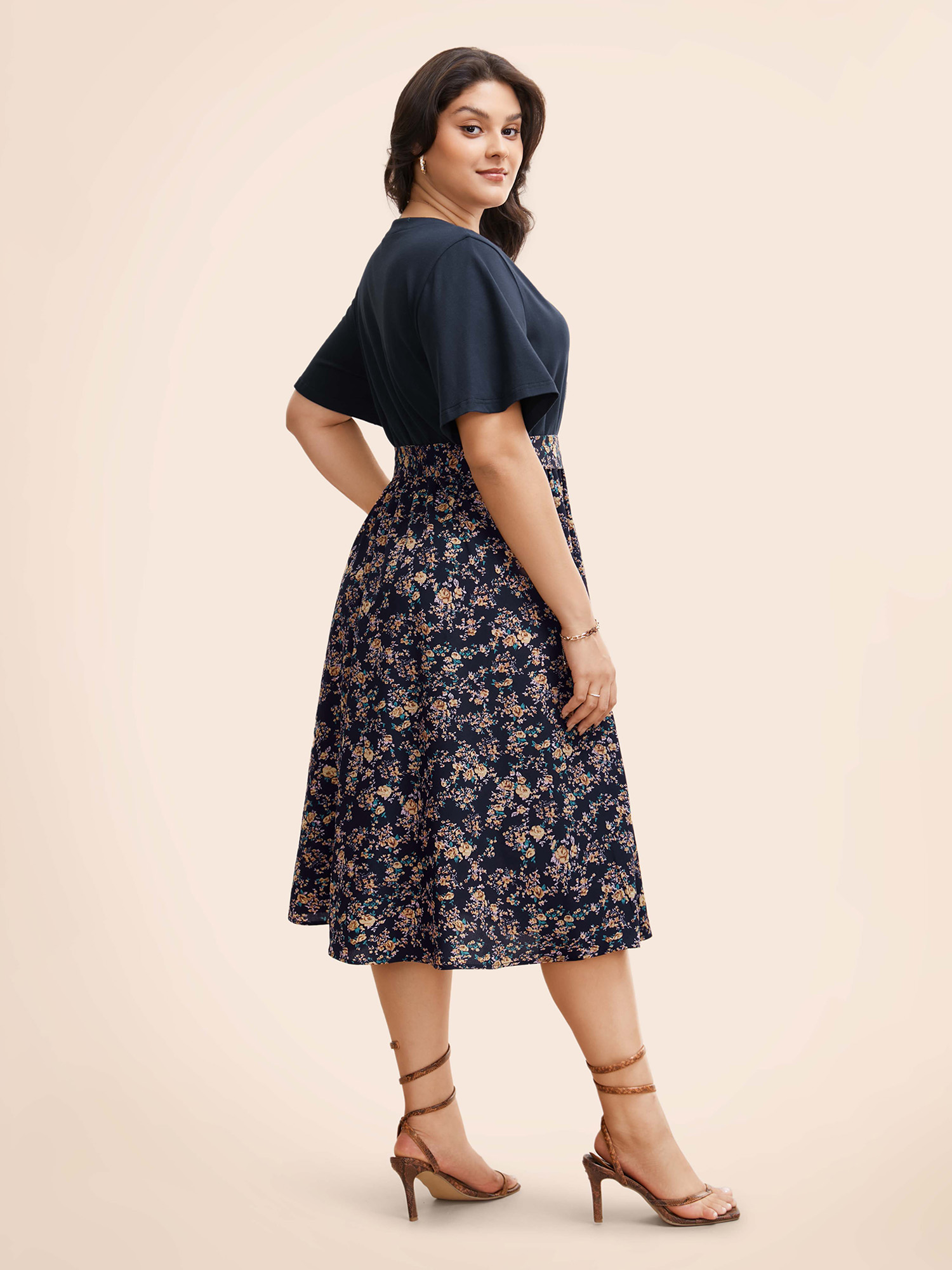 

Plus Size Notched Collar Floral Patchwork Belted Dress DarkBlue Women Elegant Belted Notched collar Short sleeve Curvy BloomChic