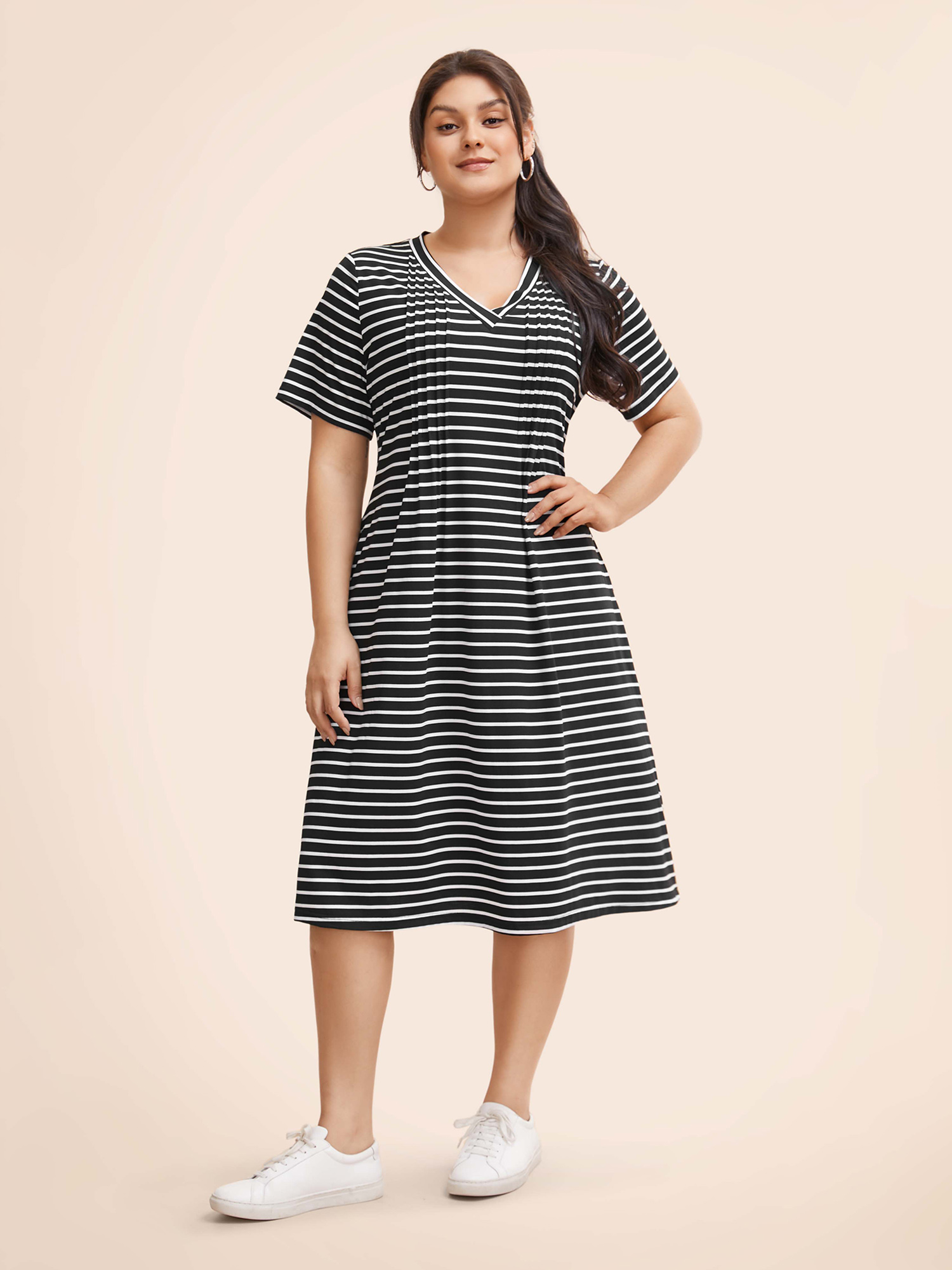 

Plus Size V Neck Striped Pleated Midi Dress Black Women Casual Pleated V-neck Short sleeve Curvy BloomChic