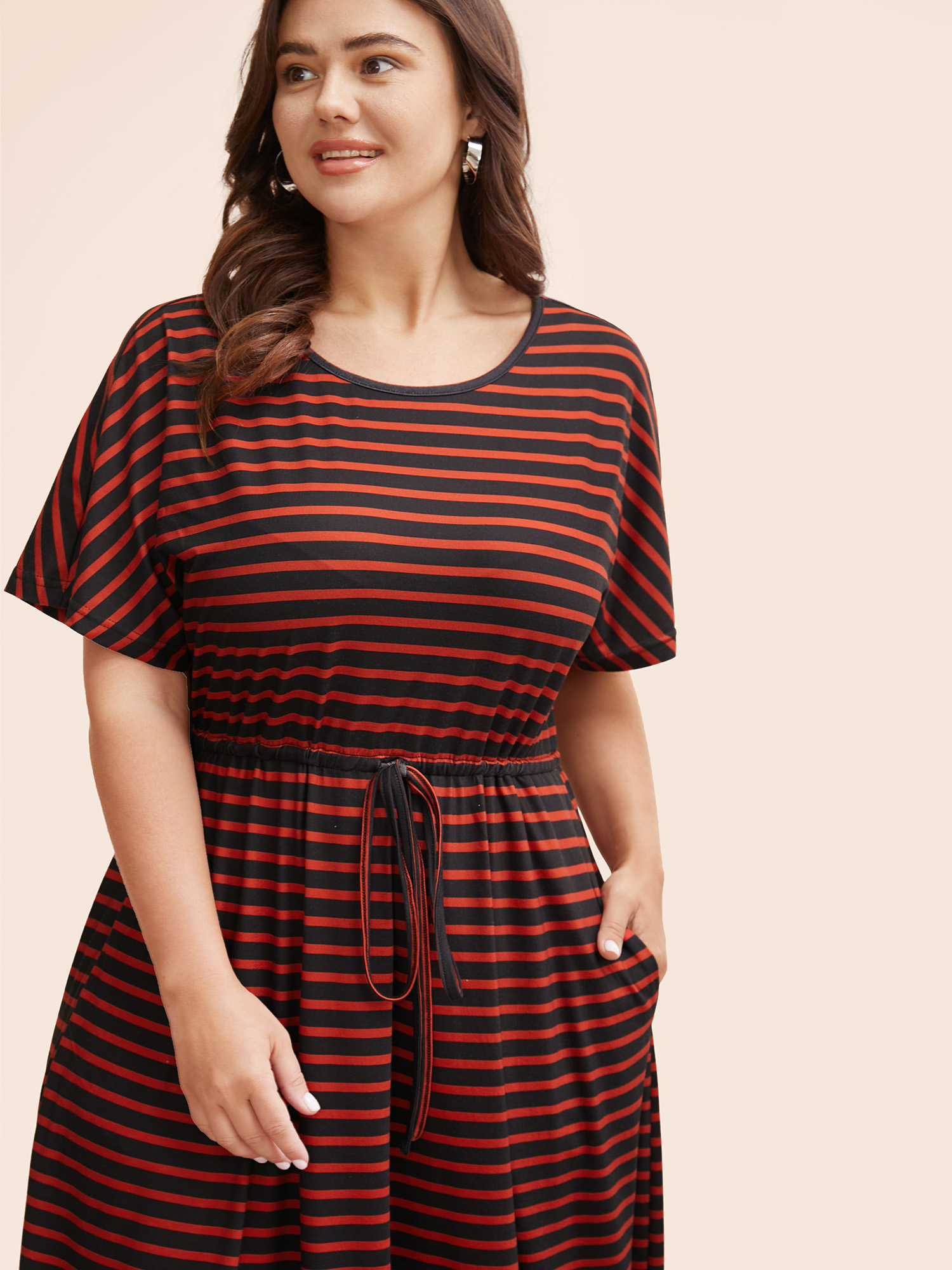 

Plus Size Striped Round Neck Drawstring Dolman Sleeve Dress Black Women Casual Gathered Round Neck Short sleeve Curvy BloomChic