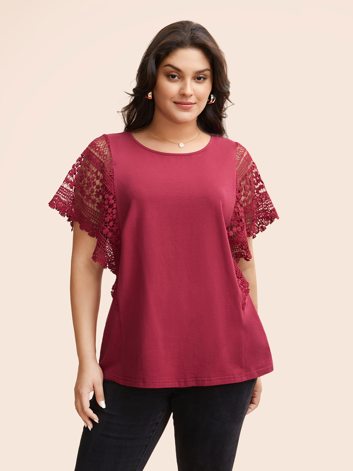 

Plus Size Round Neck Cut Out Patchwork T-shirt Scarlet Women Elegant Patchwork Round Neck Everyday T-shirts BloomChic