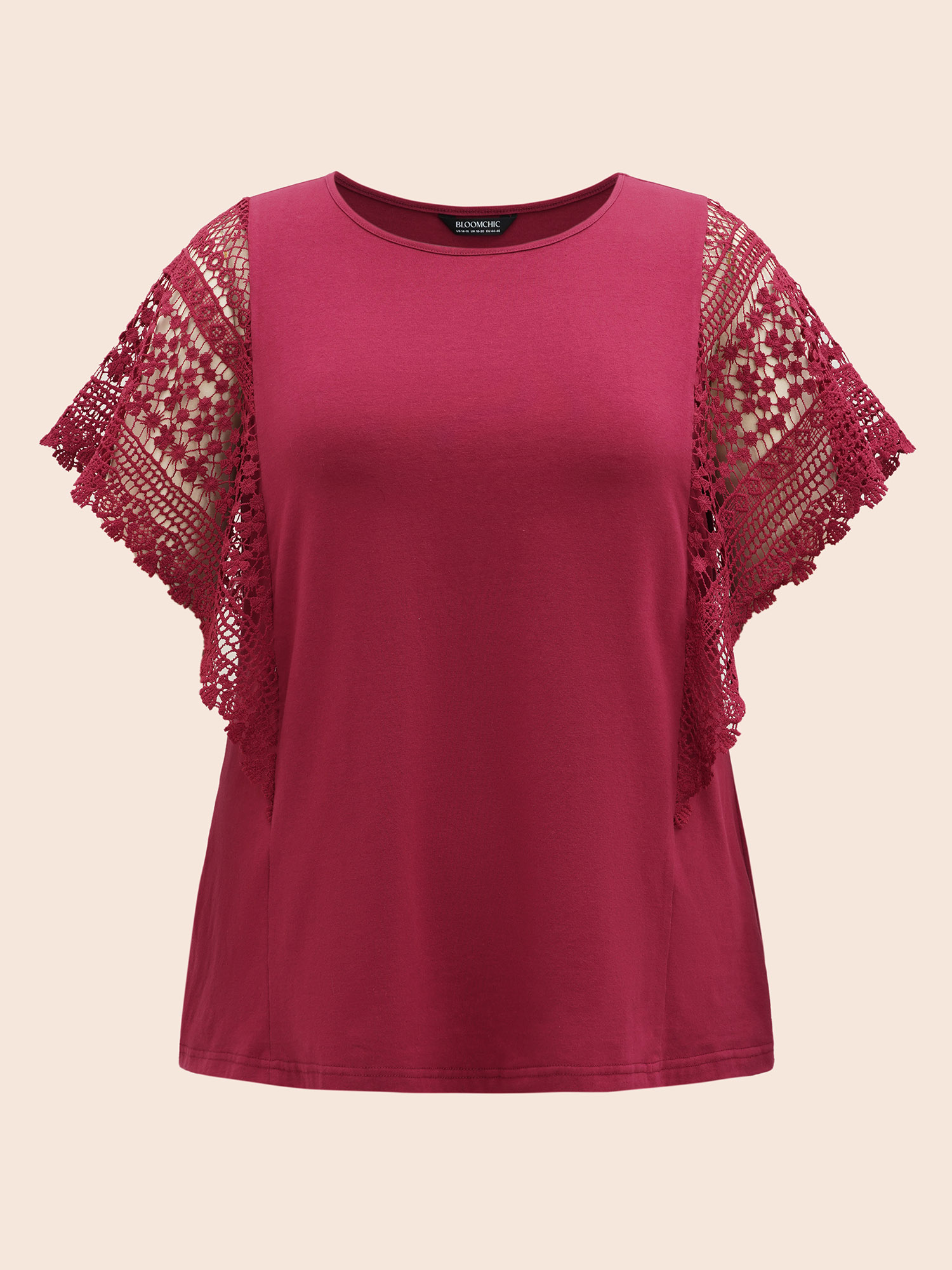 

Plus Size Round Neck Cut Out Patchwork T-shirt Scarlet Round Neck Half Sleeve Elegant Jersey Tops