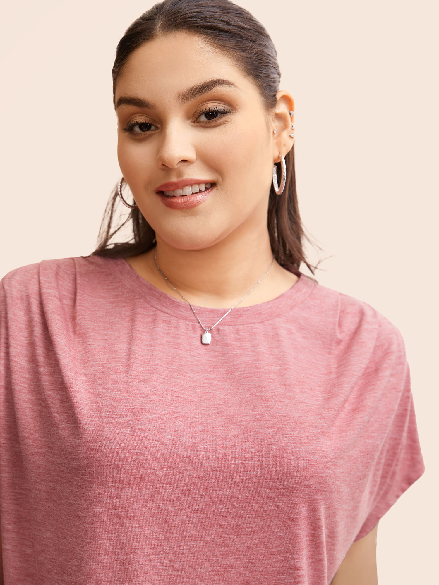 Plus Size Crew Neck Pleated Dolman Sleeve T-shirt Rouge Women Casual Pleated Round Neck Everyday T-shirts BloomChic 18-20/2X 
