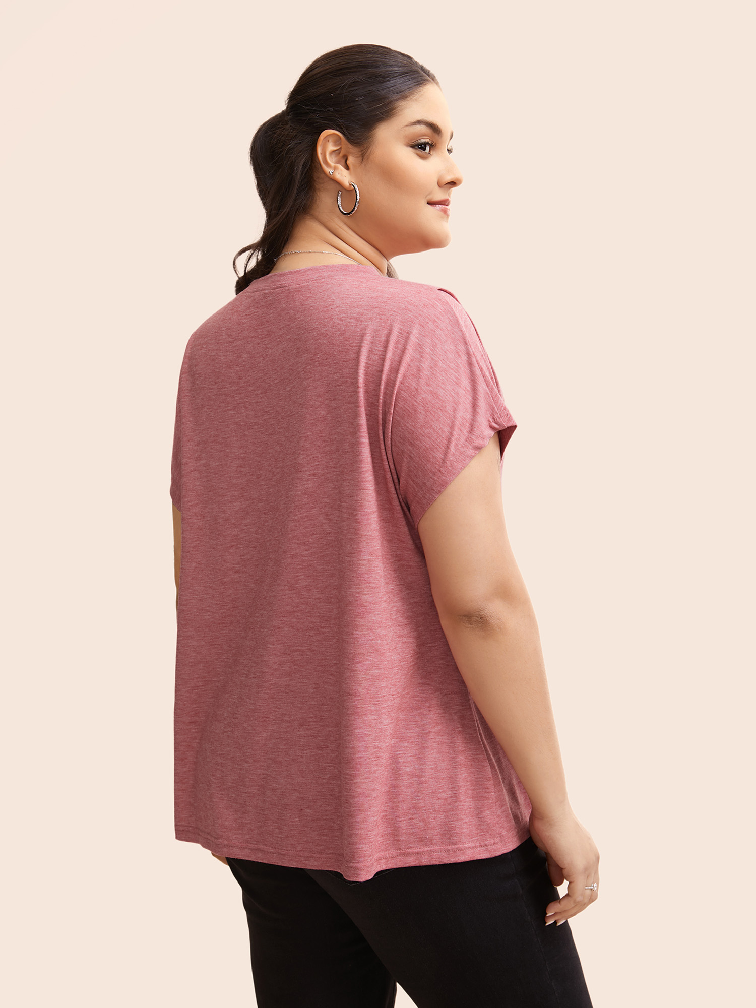 Plus Size Crew Neck Pleated Dolman Sleeve T-shirt Rouge Women Casual Pleated Round Neck Everyday T-shirts BloomChic 18-20/2X 