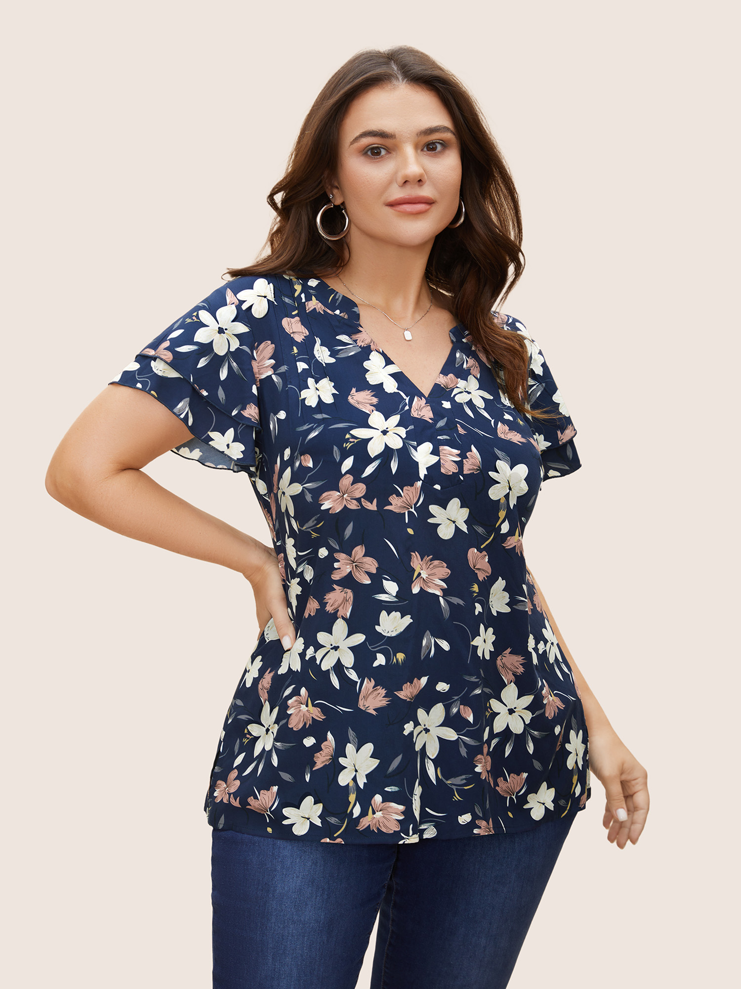 

Plus Size Indigo Floral Print Tiered Ruffle Sleeve Pleated Blouse Women Elegant Short sleeve Notched collar Everyday Blouses BloomChic