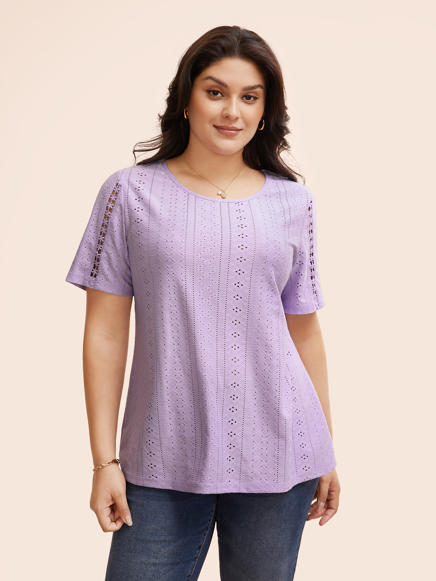 

Plus Size Solid Round Neck Broderie Anglaise T-shirt Lavender Women Elegant Woven ribbon&lace trim Round Neck Everyday T-shirts BloomChic