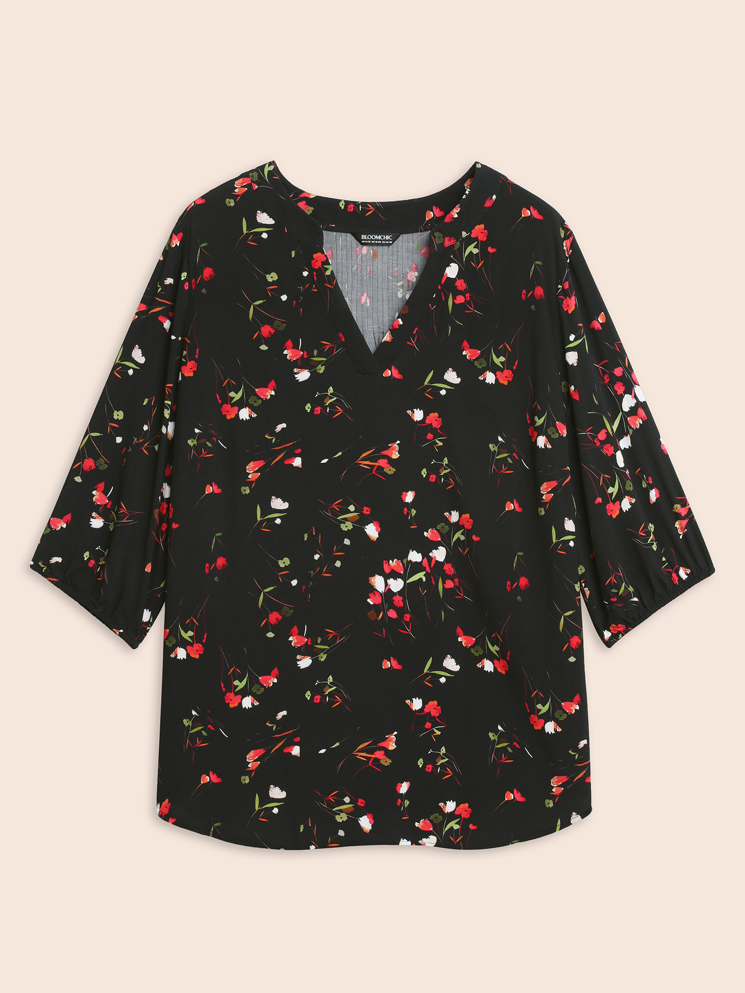 

Plus Size Black Floral Notched Pleated Lantern Sleeve Blouse Women Elegant Elbow-length sleeve Flat collar with V-notch Everyday Blouses BloomChic