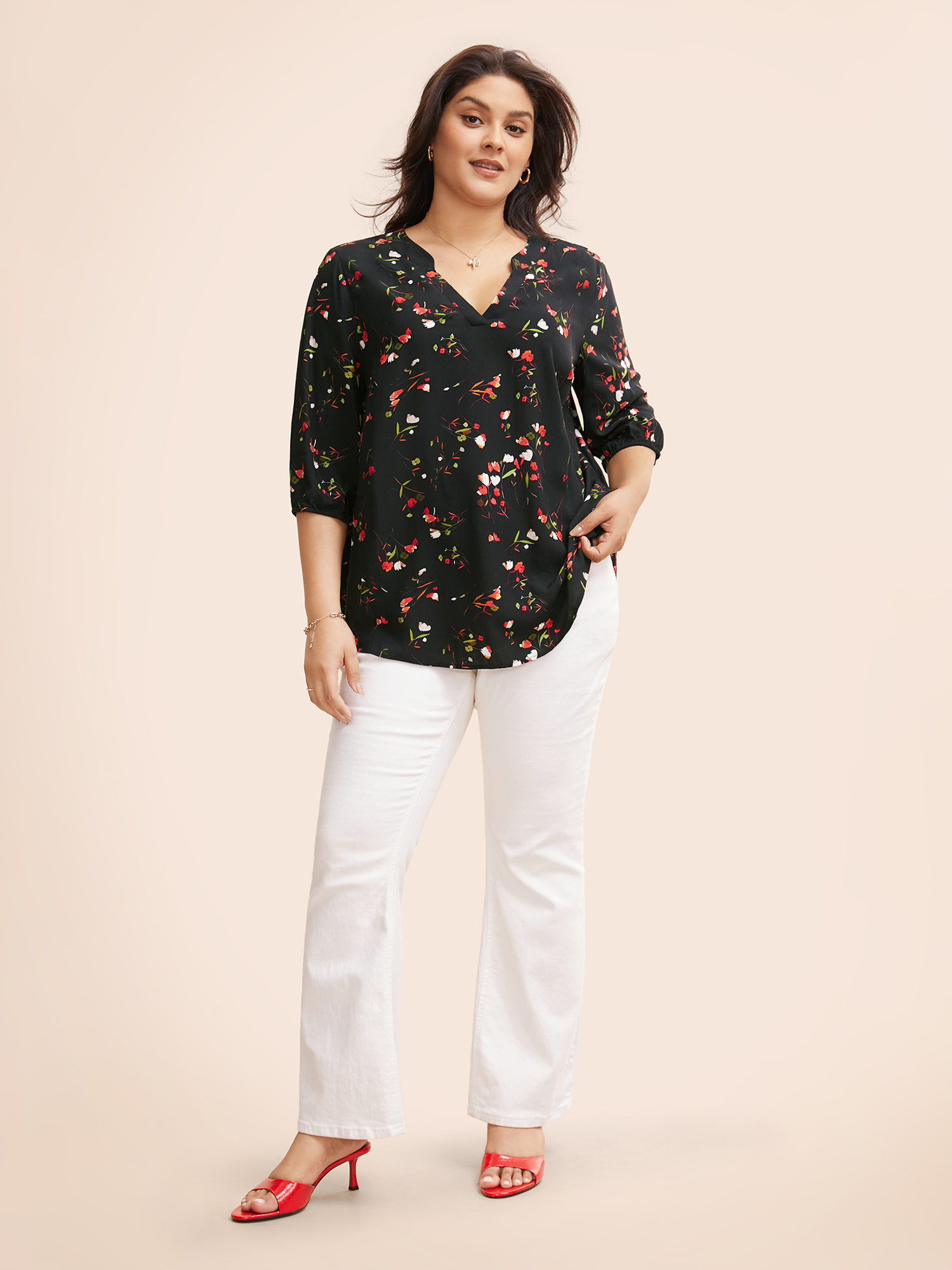 

Plus Size Black Floral Notched Pleated Lantern Sleeve Blouse Women Elegant Elbow-length sleeve Flat collar with V-notch Everyday Blouses BloomChic