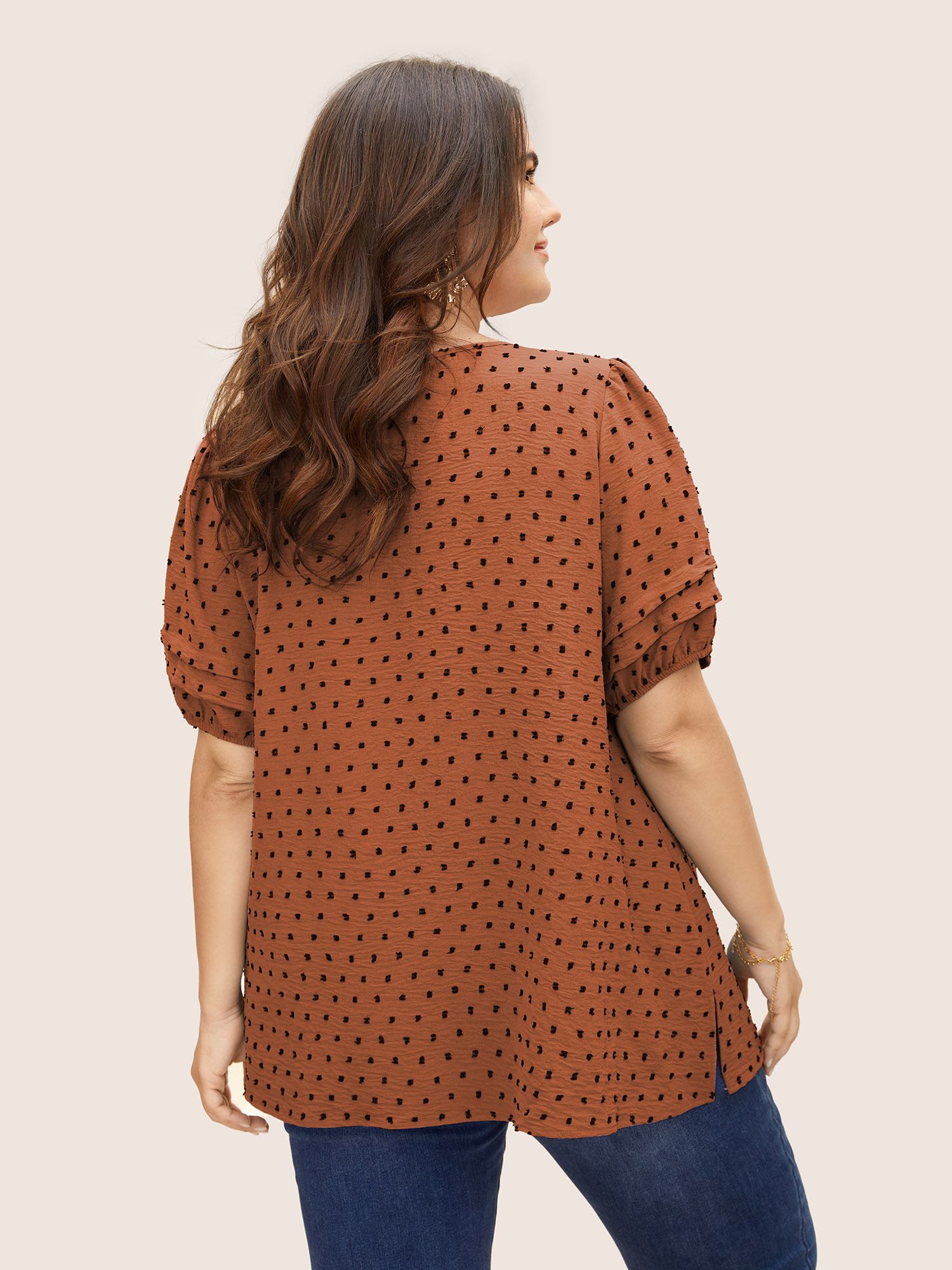 

Plus Size Rust Textured Polka Dot Blouse Women Elegant Short sleeve Round Neck Everyday Blouses BloomChic