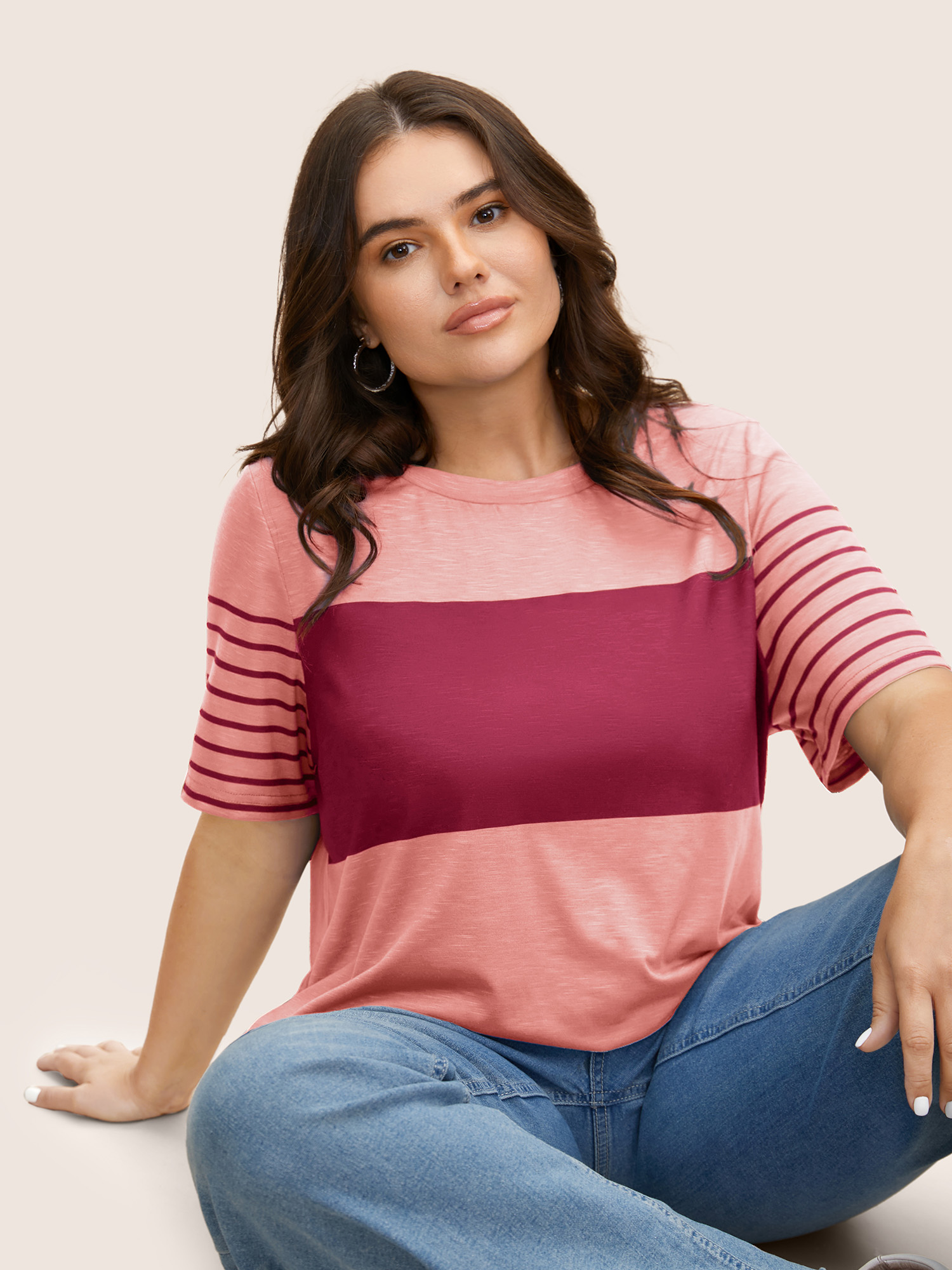 

Plus Size Crew Neck Striped Patchwork Contrast T-shirt Crepe Women Casual Contrast Art&design Round Neck Everyday T-shirts BloomChic