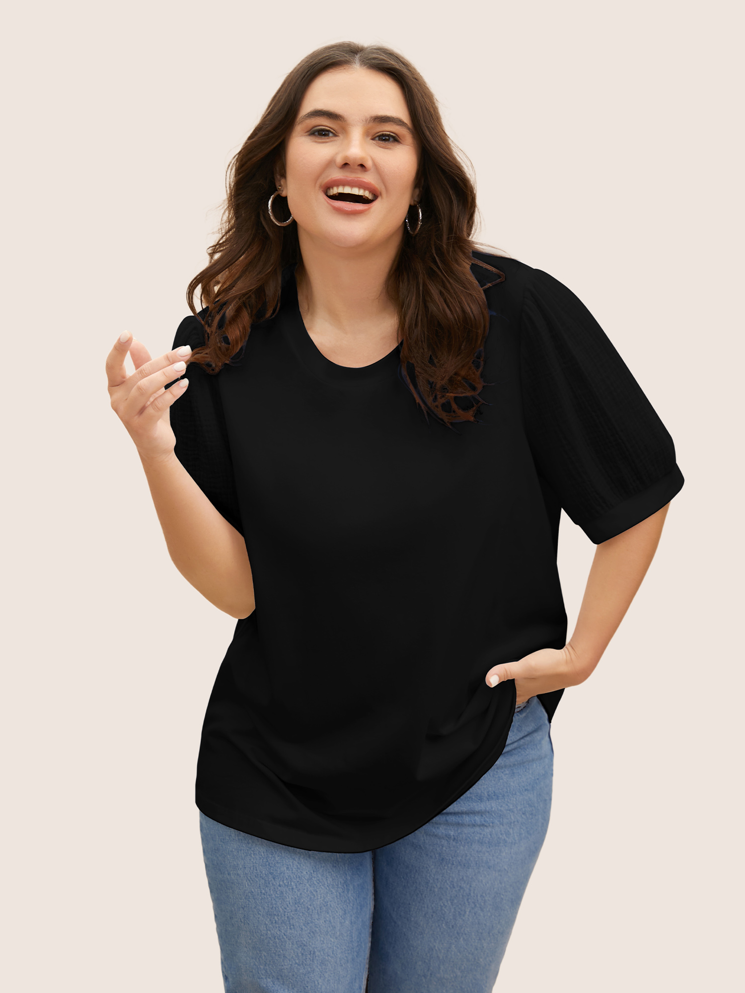 

Plus Size Plain Textured Patchwork Lantern Sleeve T-shirt Black Women Casual Texture Round Neck Everyday T-shirts BloomChic
