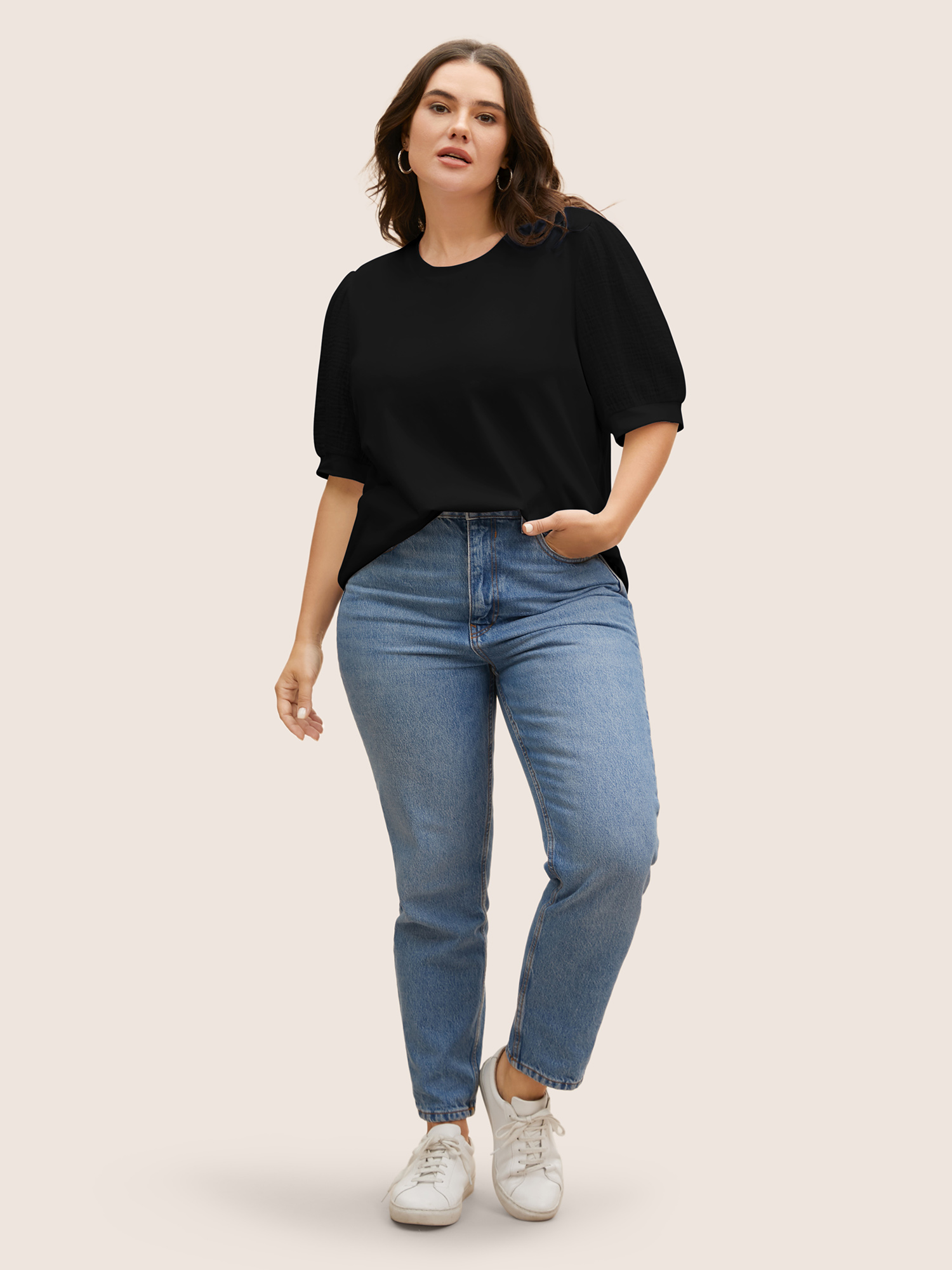 Plus Size Plain Textured Patchwork Lantern Sleeve T-shirt Black Women Casual Texture Round Neck Everyday T-shirts BloomChic 10/M 