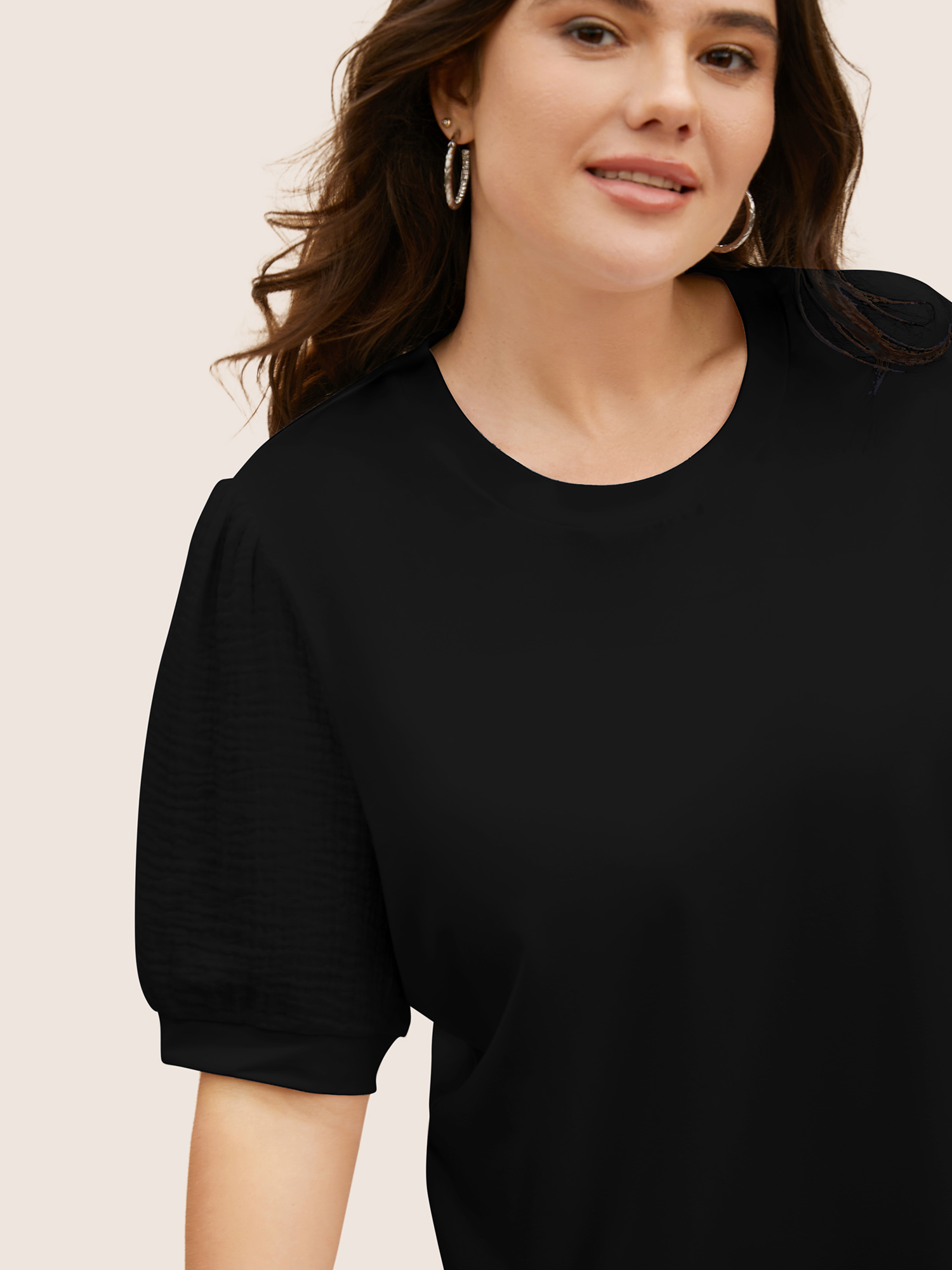 Plus Size Plain Textured Patchwork Lantern Sleeve T-shirt Black Women Casual Texture Round Neck Everyday T-shirts BloomChic 10/M 