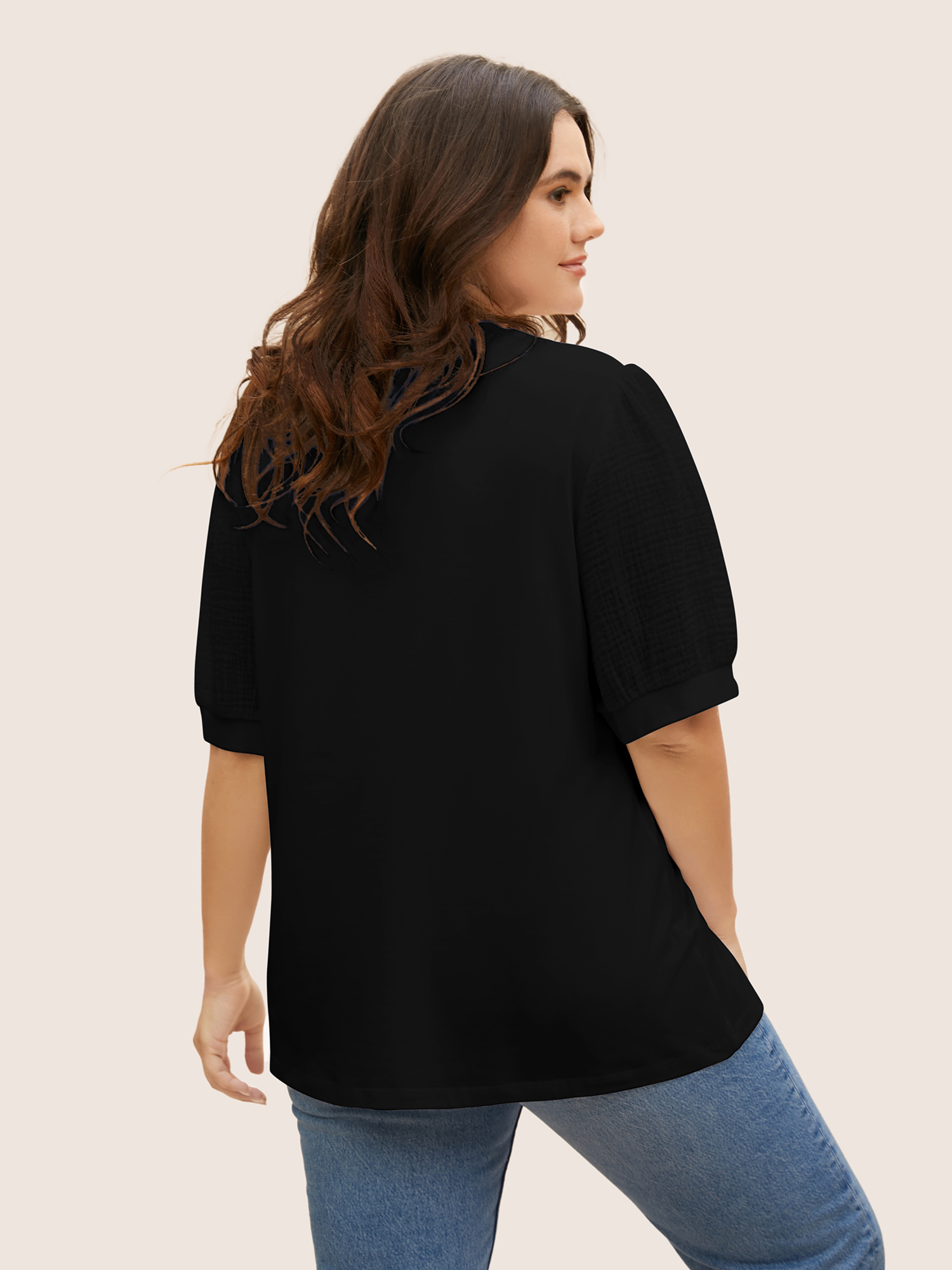 

Plus Size Plain Textured Patchwork Lantern Sleeve T-shirt Black Women Casual Texture Round Neck Everyday T-shirts BloomChic