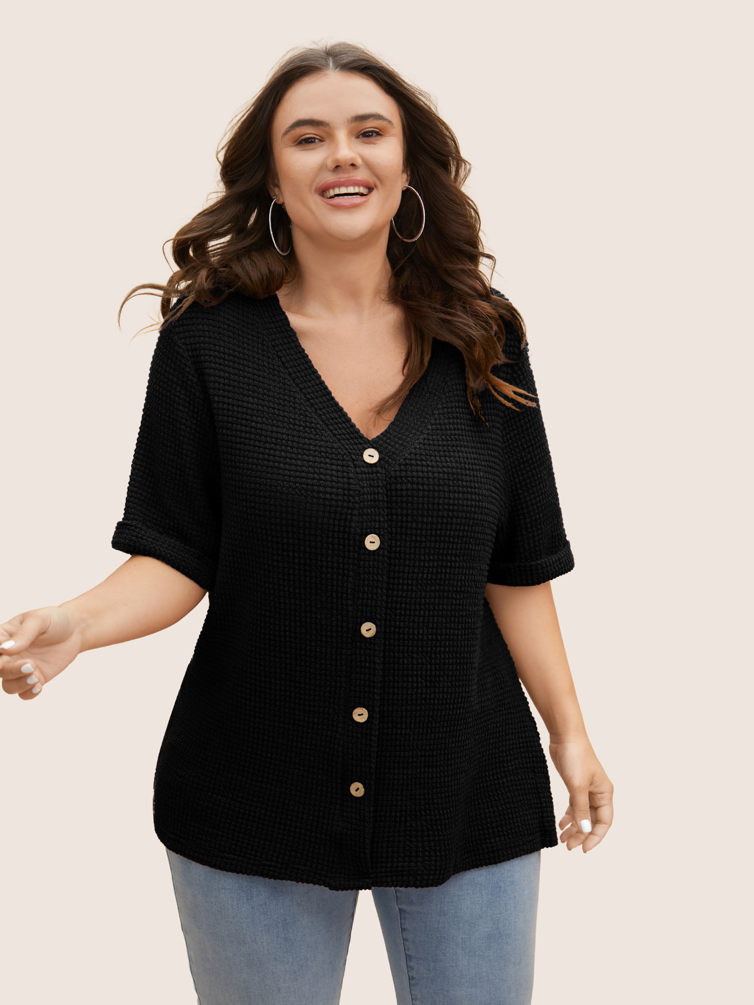 

Plus Size Textured Button Detail Cuffed Sleeve T-shirt Black Women Casual Texture V-neck Everyday T-shirts BloomChic