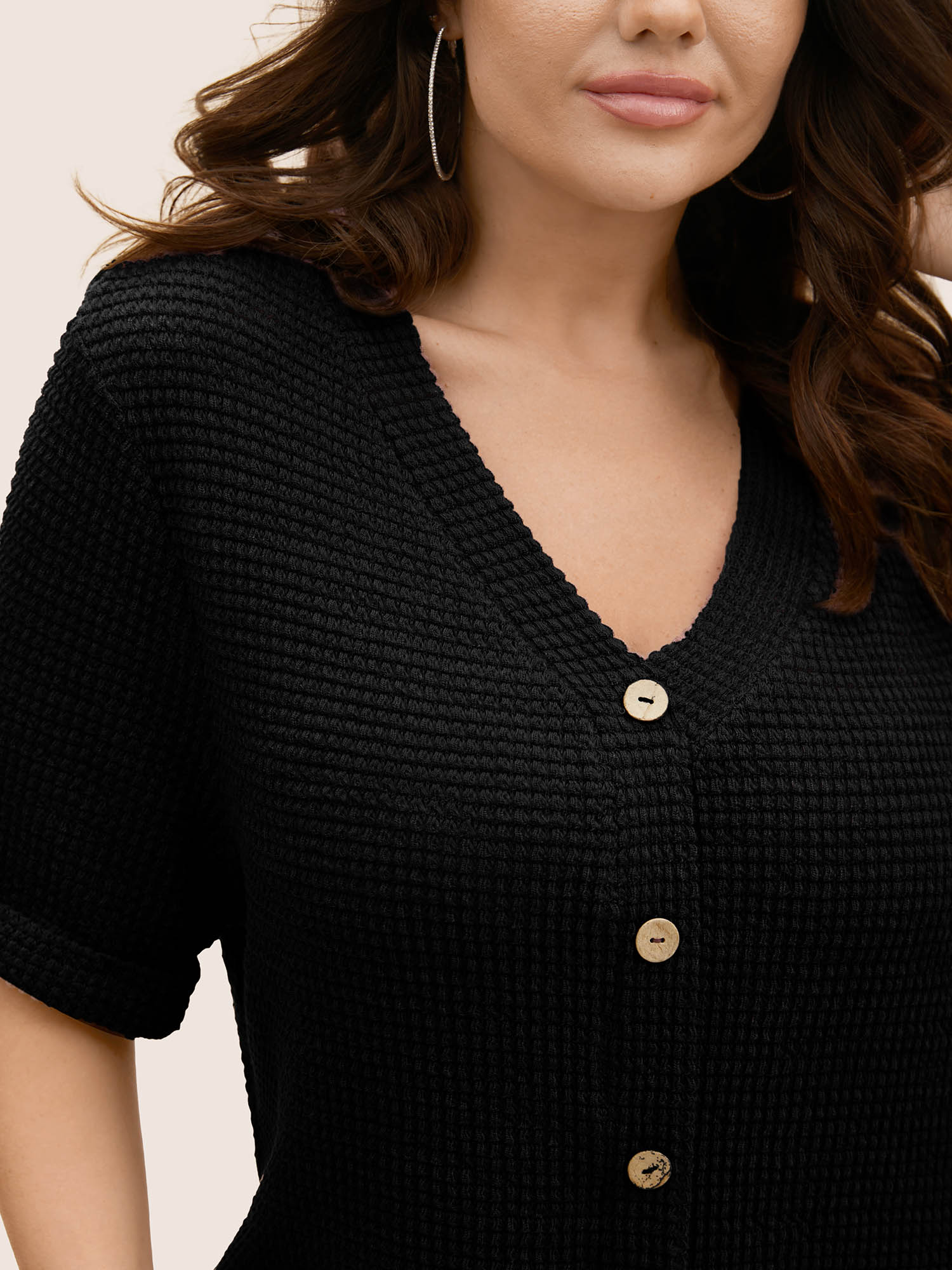 

Plus Size Textured Button Detail Cuffed Sleeve T-shirt Black Women Casual Texture V-neck Everyday T-shirts BloomChic