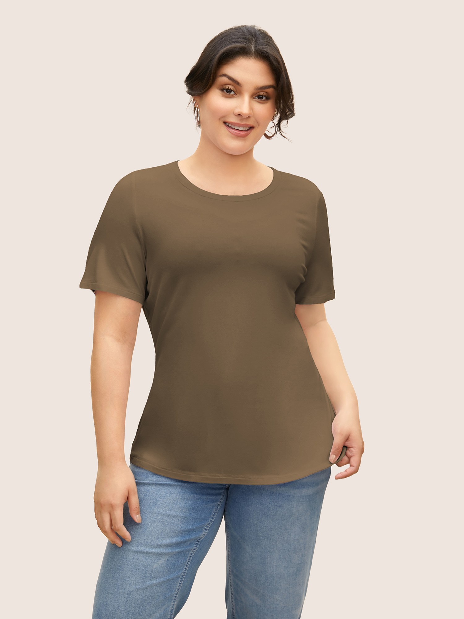 

Plus Size Supersoft Essentials Solid Basic Knit T-shirt Tan Women Basics Non Round Neck Bodycon Everyday T-shirts BloomChic